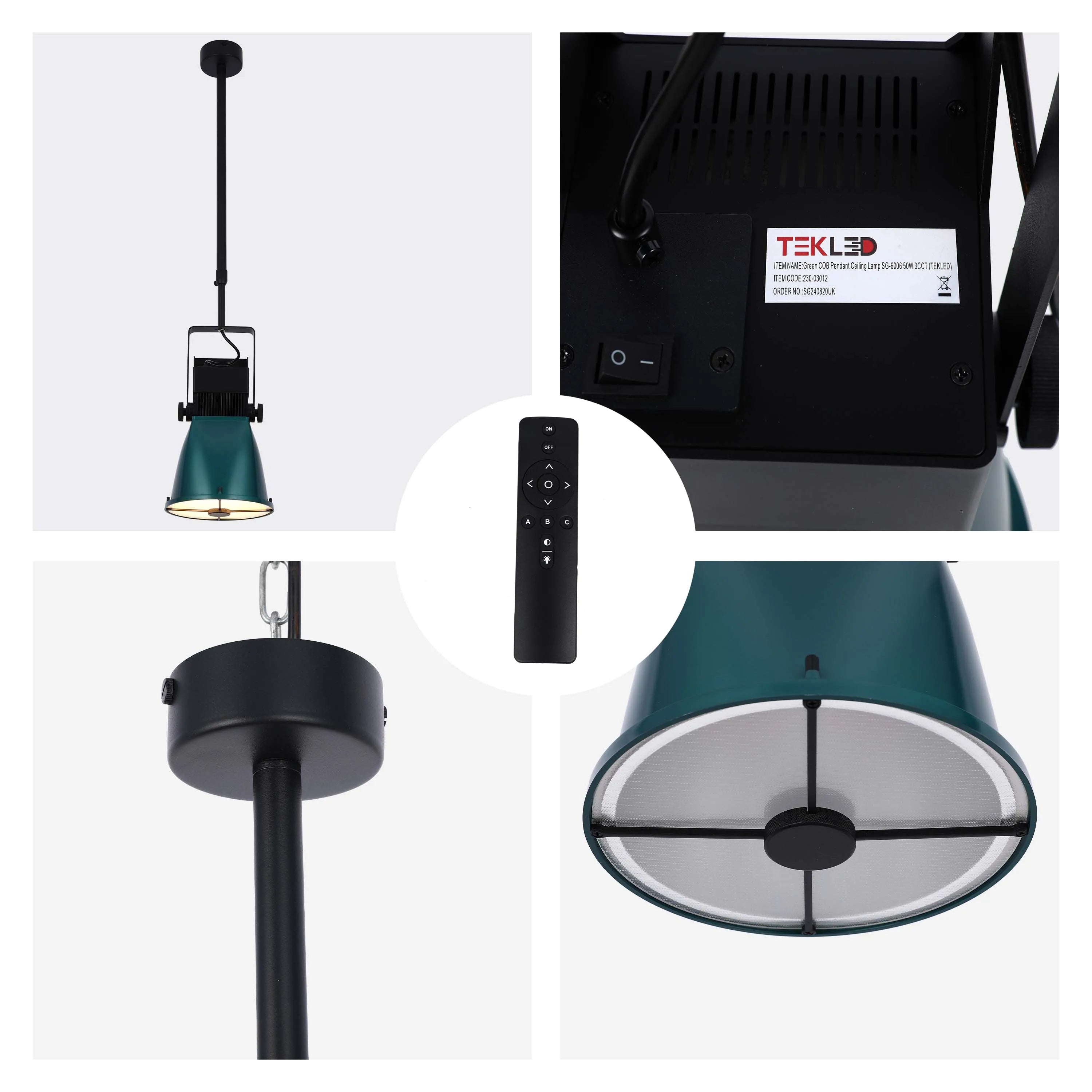 A stylish, modern green pendant light with a black frame and remote control, perfect for adding a touch of contemporary flair.