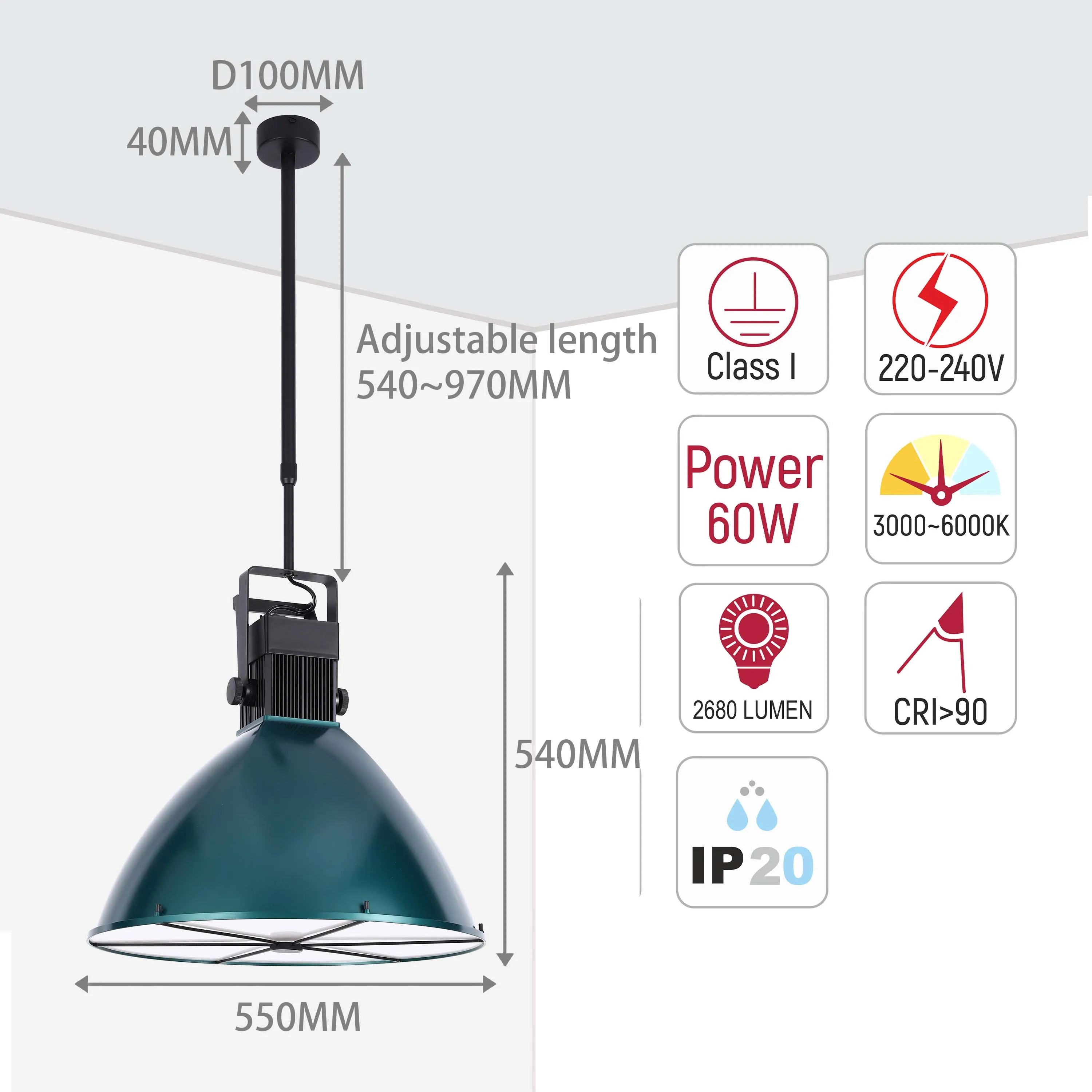 Pendant light showing dimensions, power, and other technical information. Features adjustable length, 60W power, and IP20 rating.