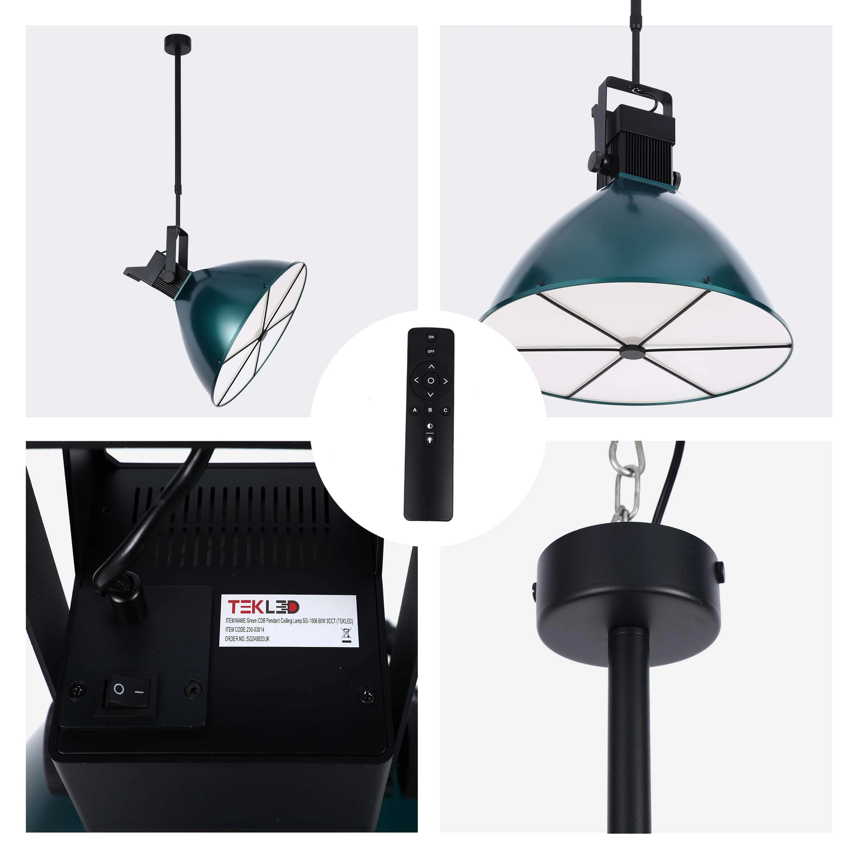 Green pendant ceiling light. An industrial-style light, suspended on a black fixture, and includes a remote control.