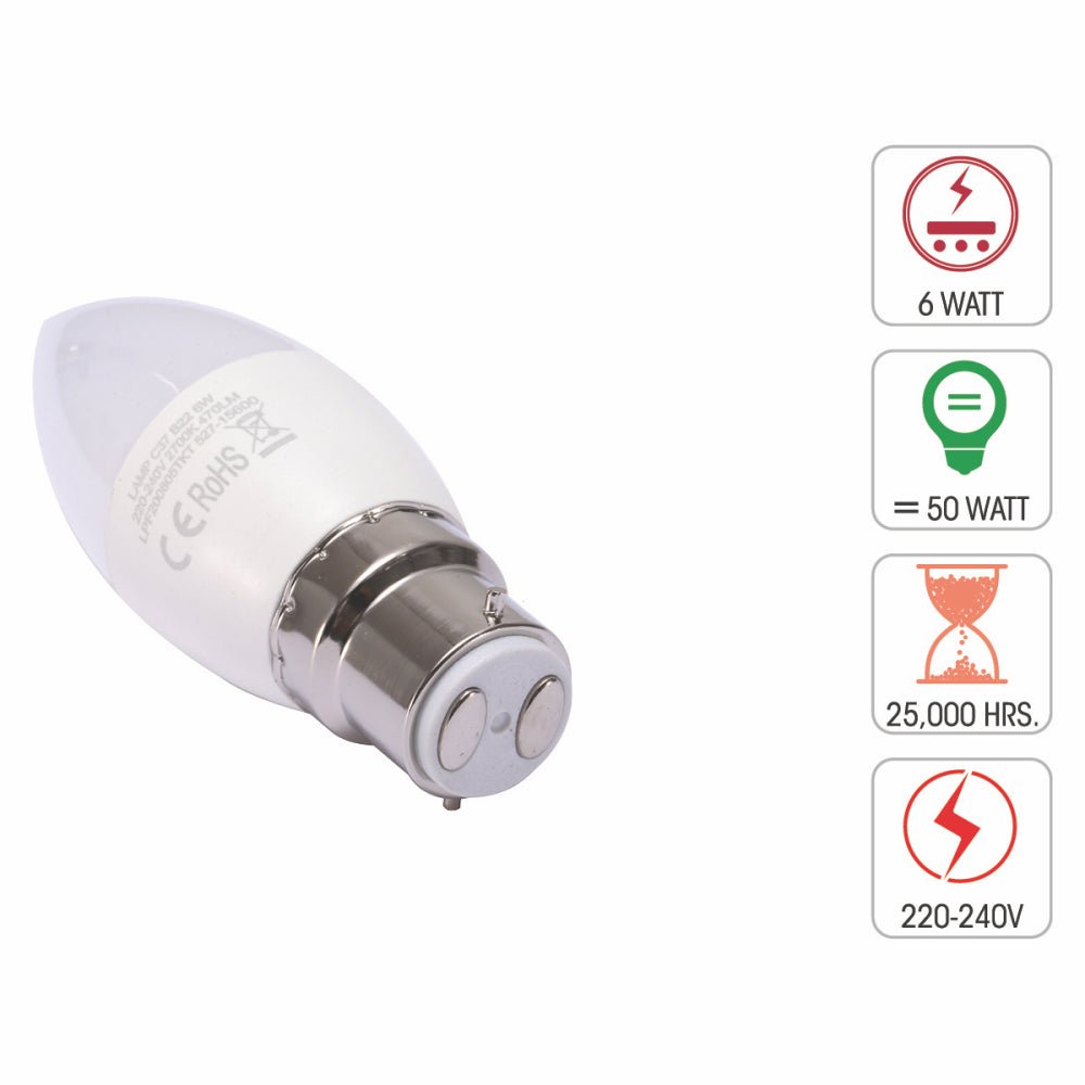 Technical specification of cetus led candle bulb c37 b22 bayonet cap 6w 2700k warm white pack of 6/10