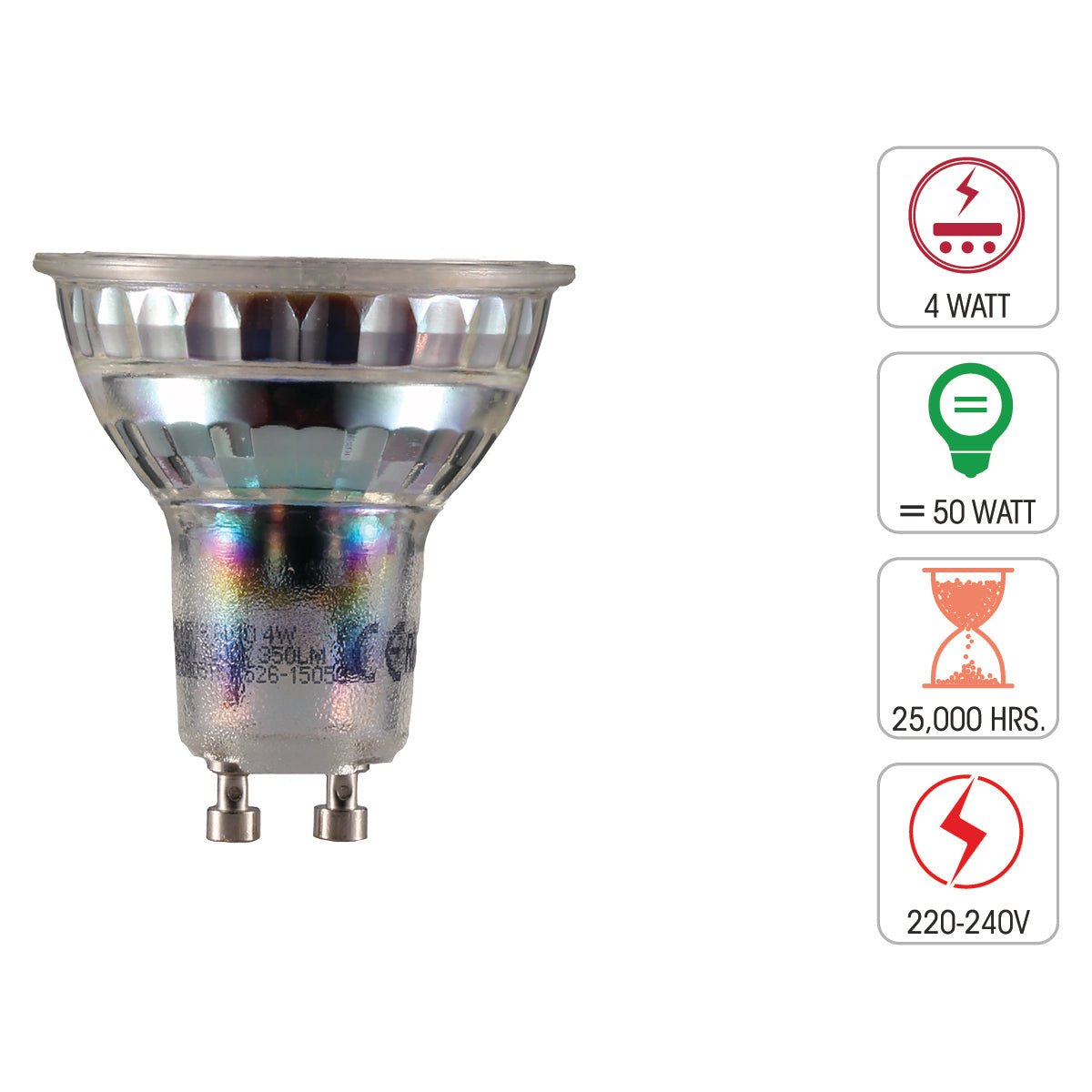 A 4-watt LED spotlight bulb with a lifespan of 25,000 hours. Equivalent to 50 watts, and operates at 220-240V.