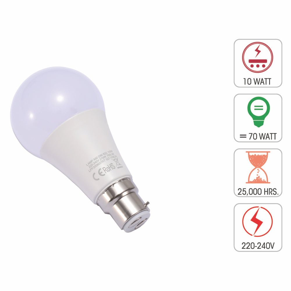 Technical specification of leo led gls bulb a60 dimmable b22 bayonet cap 10w 2700k warm white pack of 2