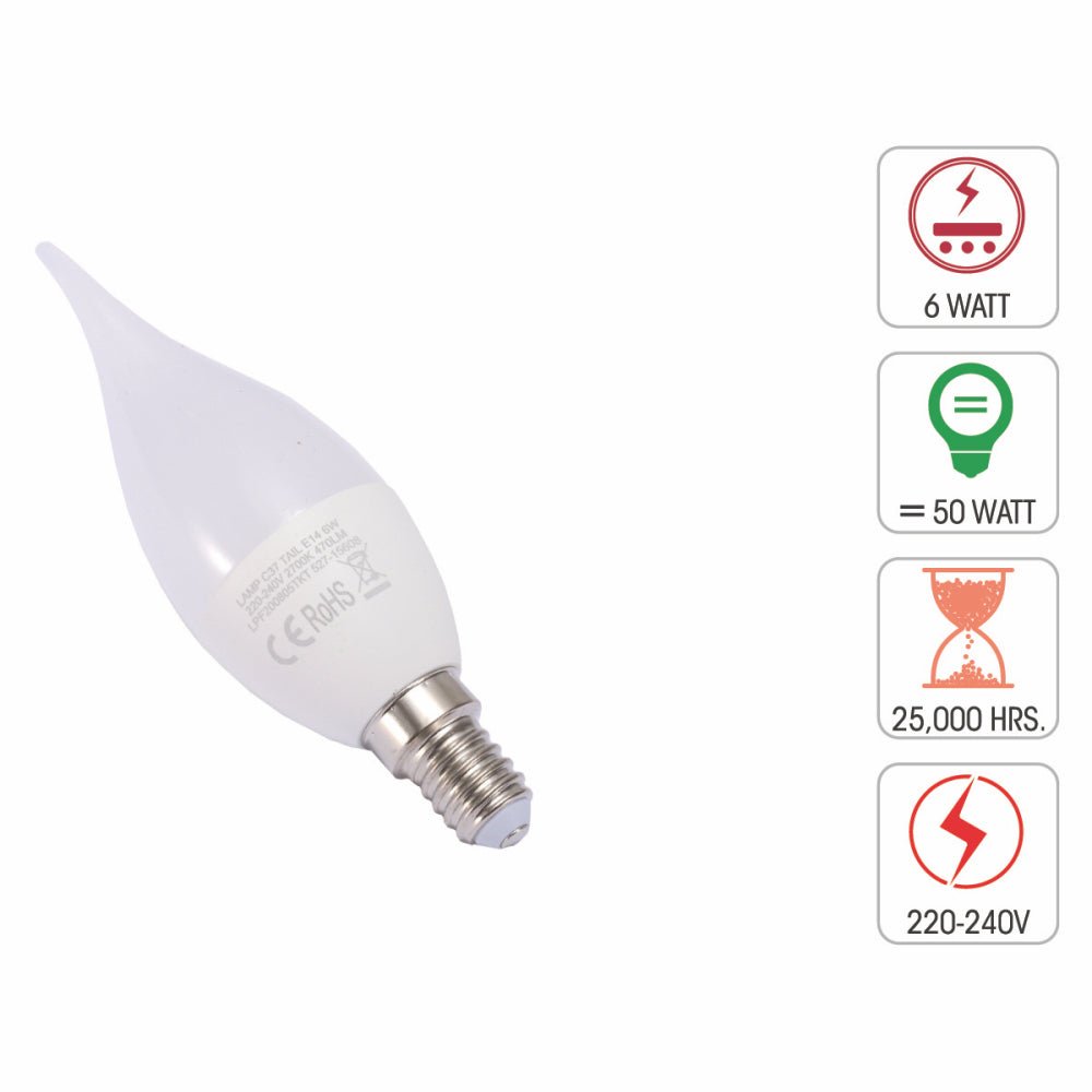 Technical specification of pisces led candle bulb c37 tail e14 small edison screw 6w 2700k warm white pack of 6/10