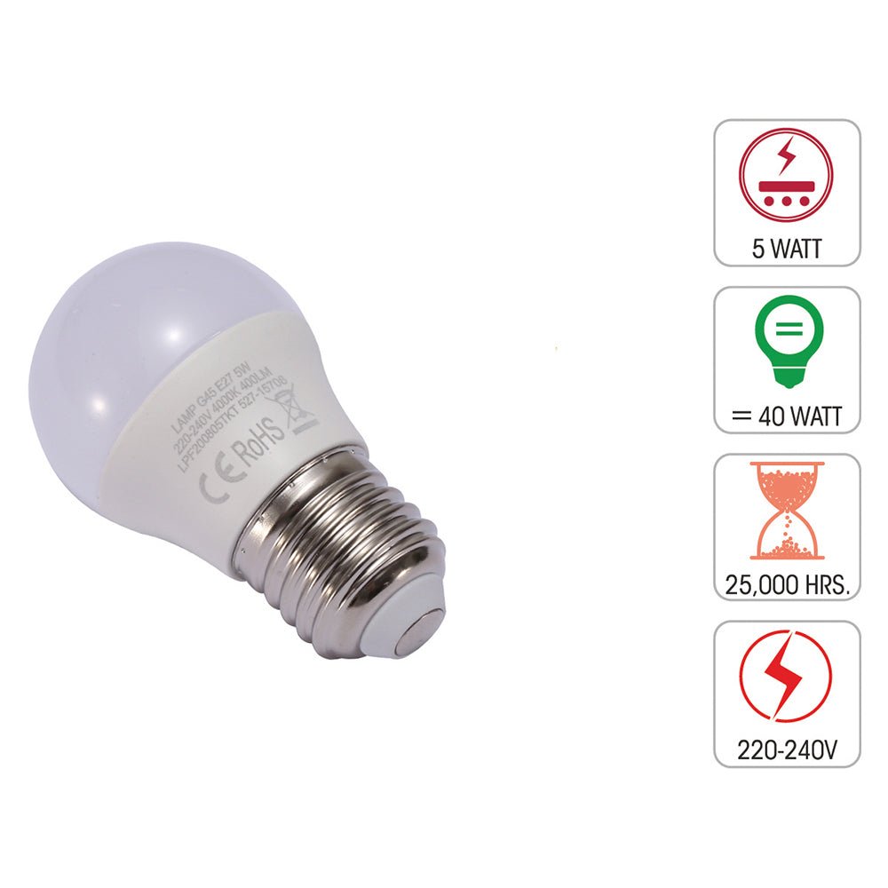 Technical specification of ursa led golf ball bulb g45 e27 edison screw 5w 4000k cool white pack of 6/10 2700k warm white