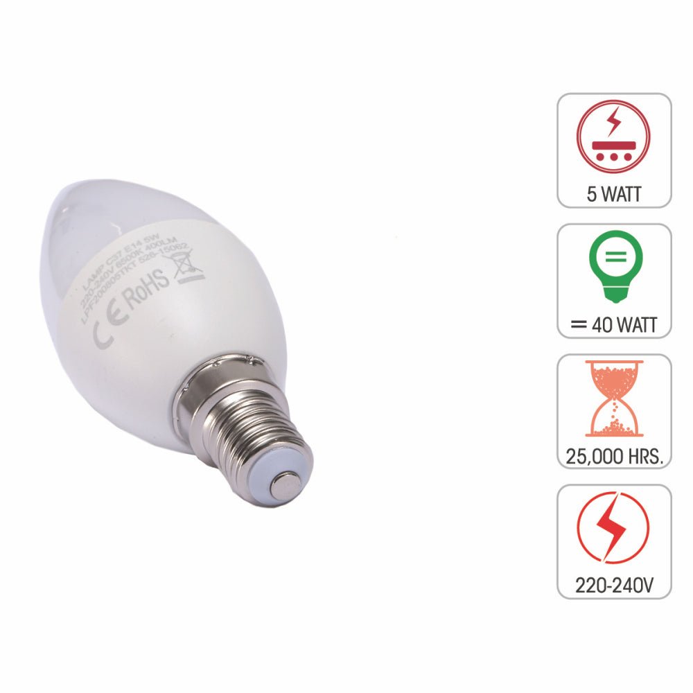 Technical specification of vela led candle bulb c37 e14 small edison screw 5w 6500k cool daylight pack of 6/10