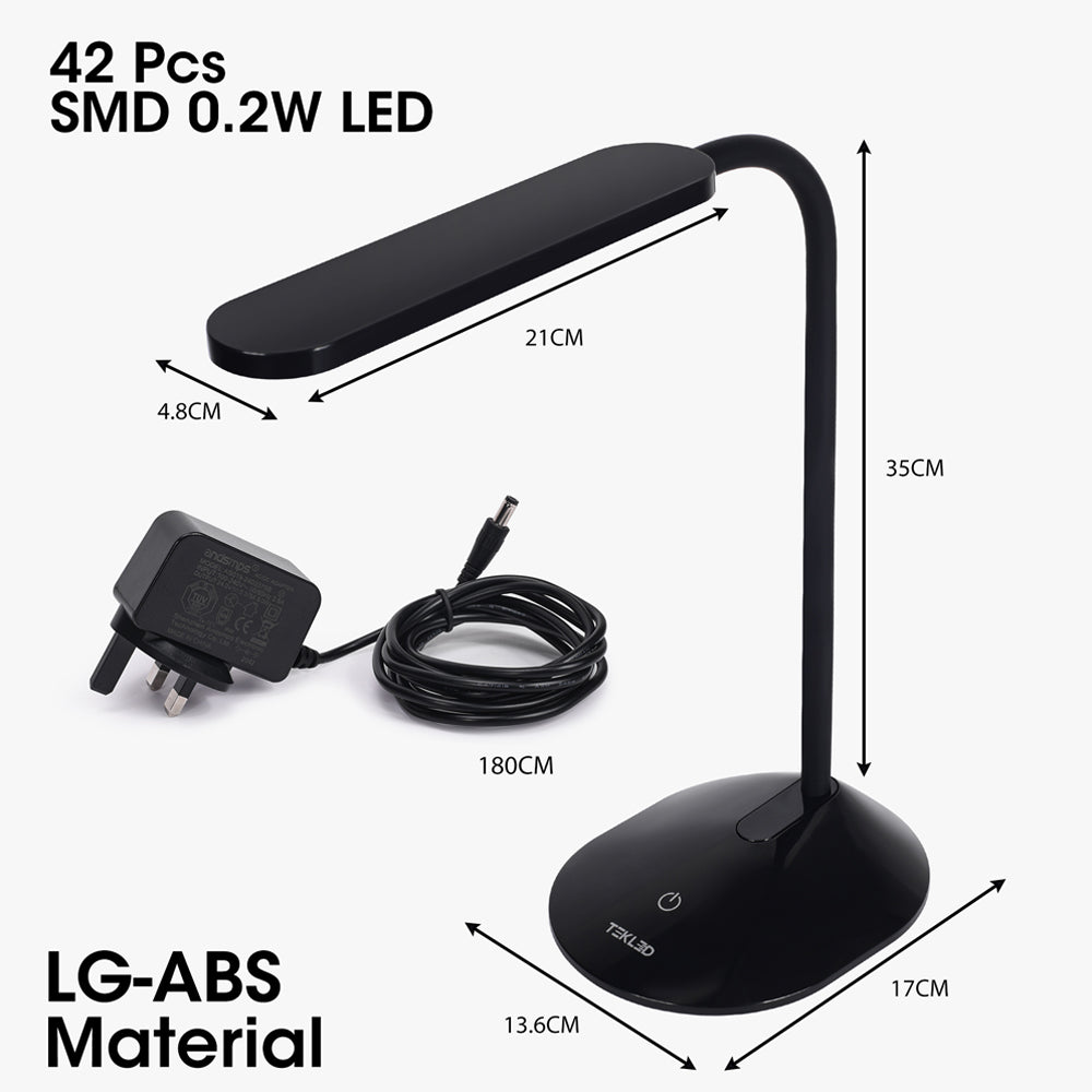 Close up of box contents and dimensions of Erdy Goose Neck Black LED Desk Lamp