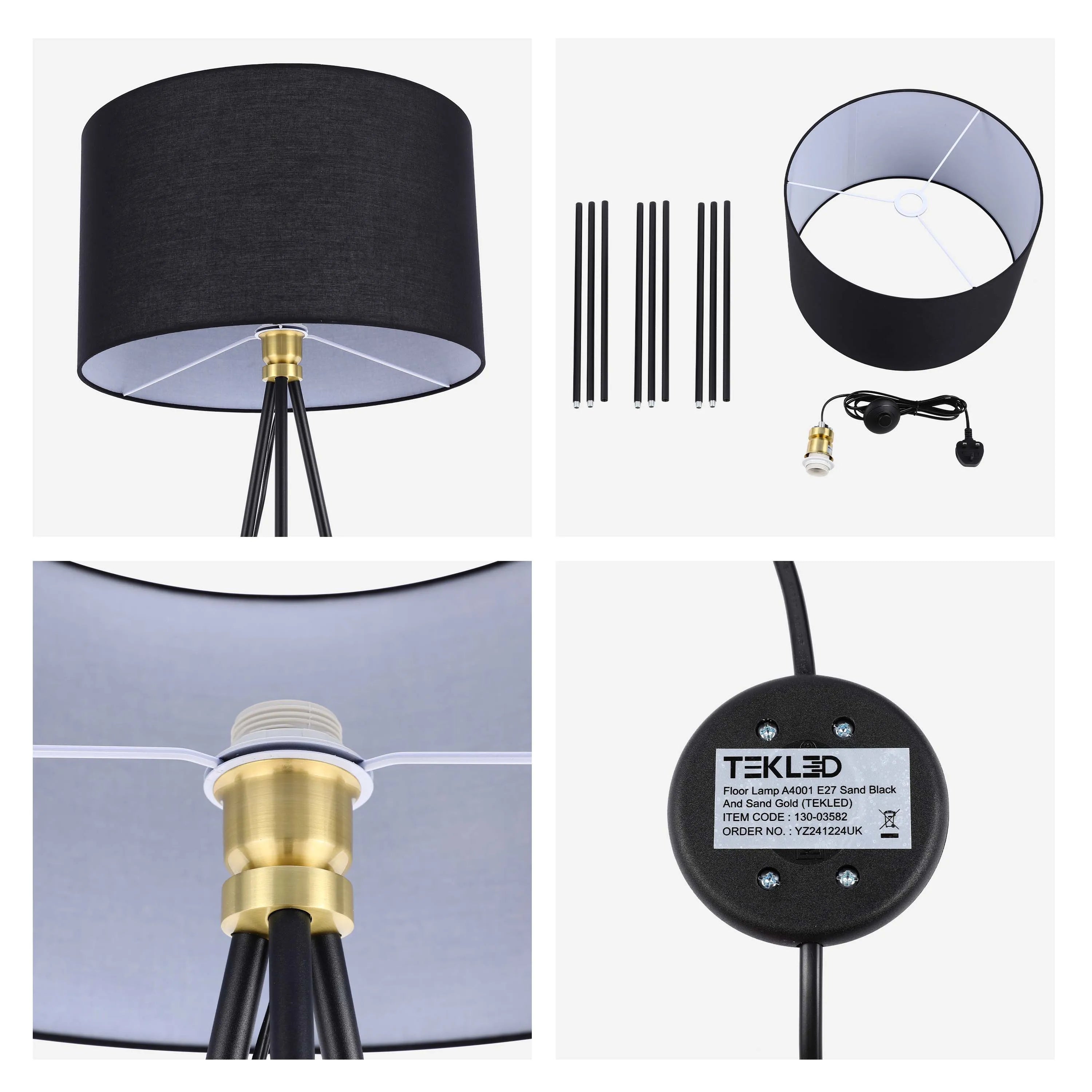 A contemporary black tripod floor lamp with a sand gold centrepiece. It has a drum lampshade and comes in parts for easy assembly.