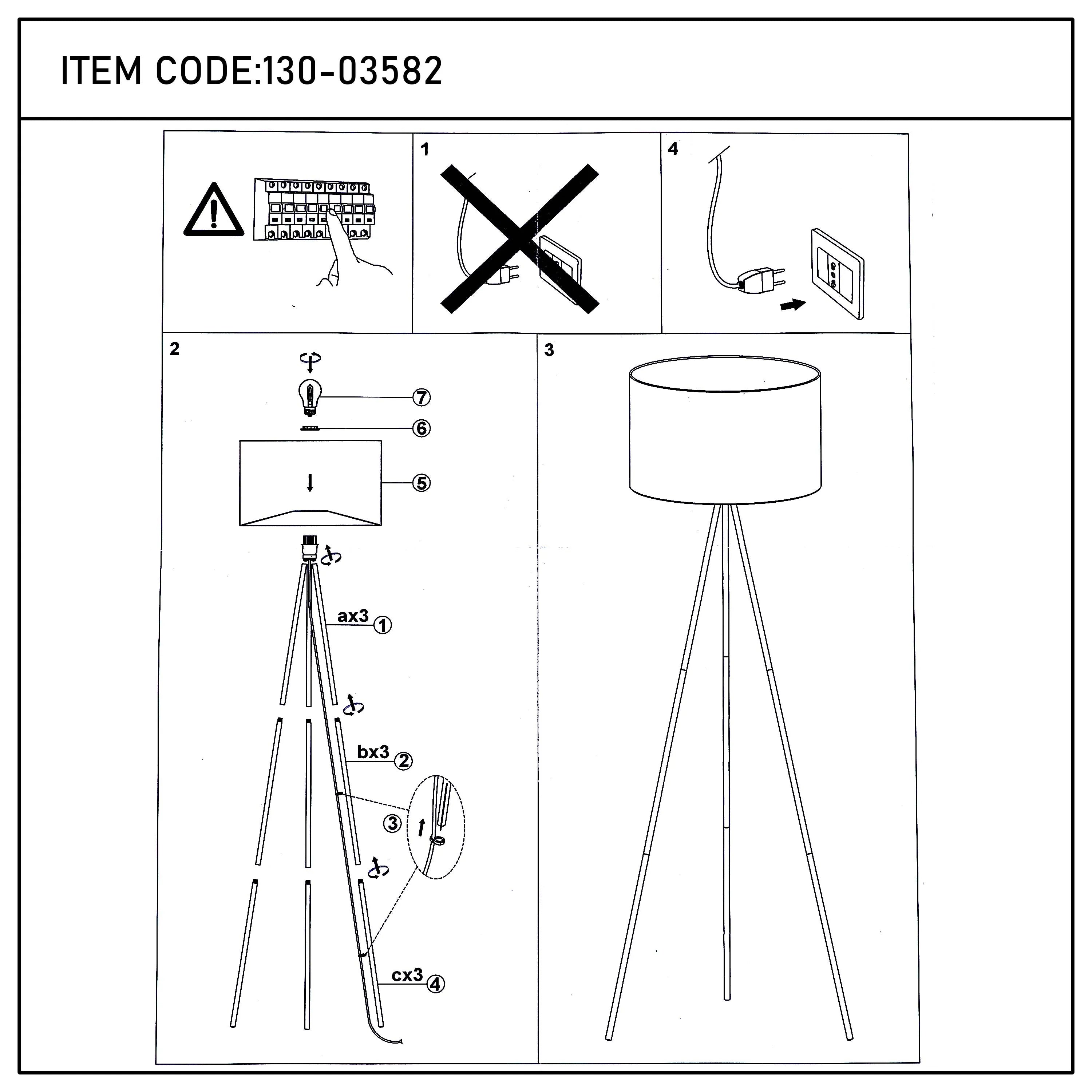 Assembly instructions for a modern floor lamp. The image shows a breakdown of the parts needed to build it.