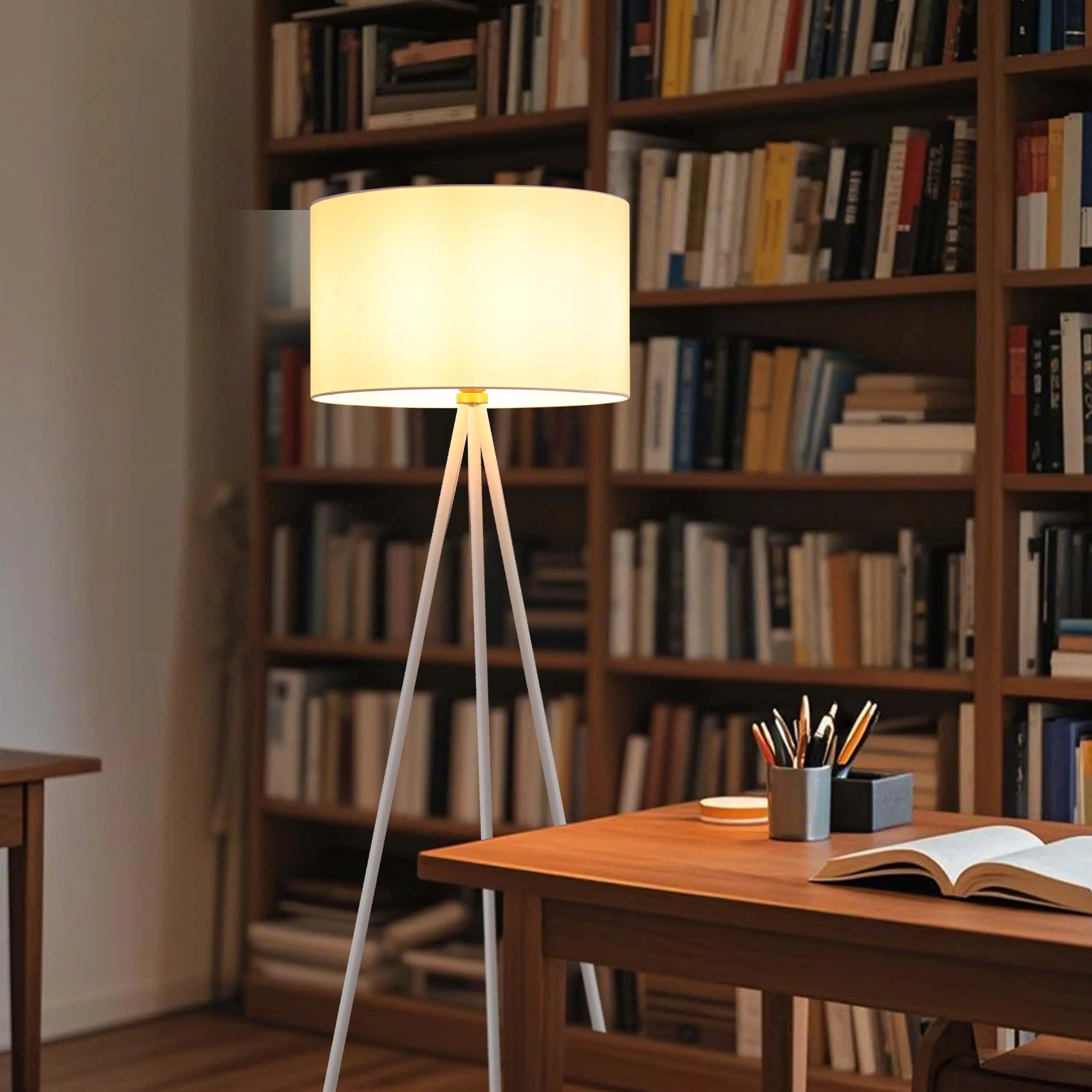 Illuminated floor lamp provides warm ambient lighting in a room with a wooden desk and bookcase.