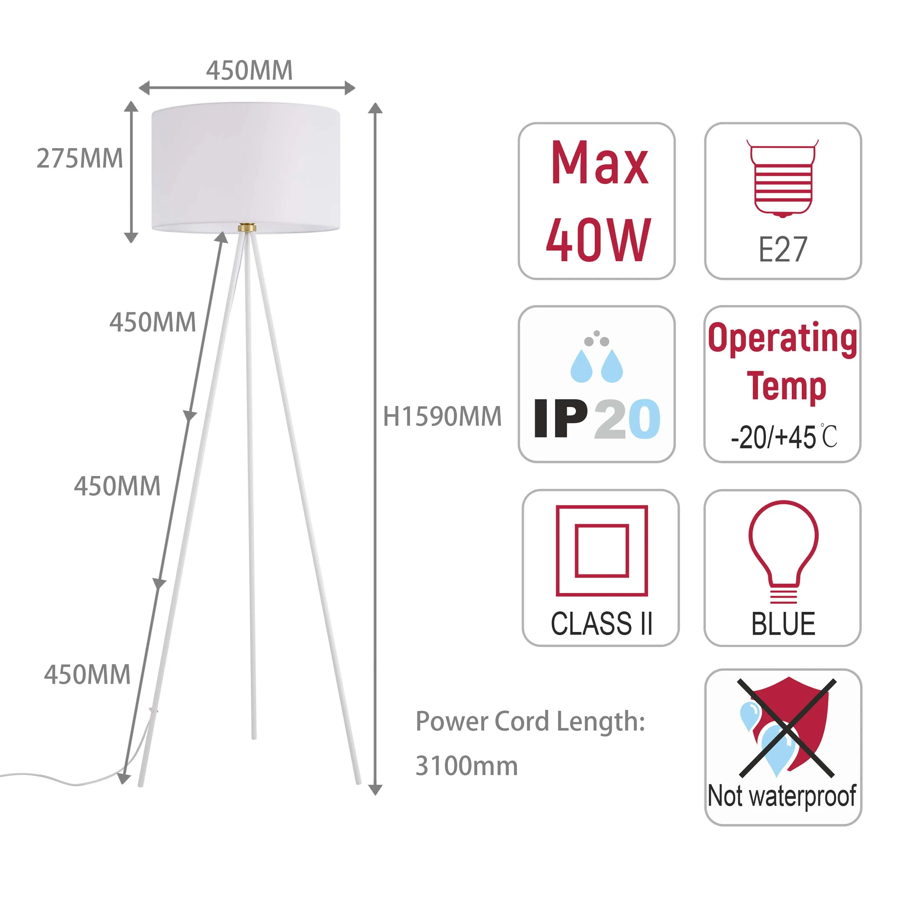 A contemporary floor lamp with white shade and tripod legs. Height 1590mm, shade 450mm diameter. Bulb: E27 Max 40W.