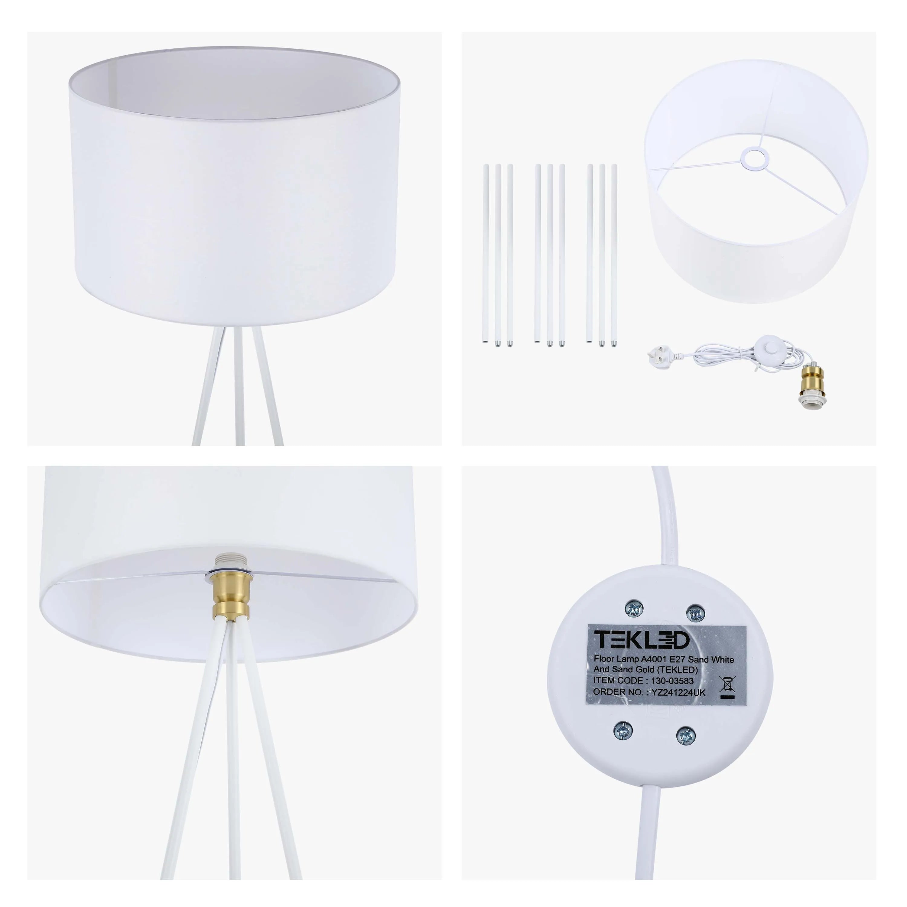 White tripod floor lamp with a drum shade, partially disassembled, showing the components and the lamp itself.