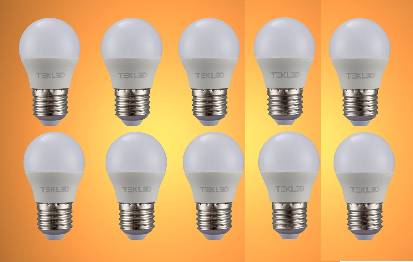 Ten TEKLED LED light bulbs arranged in two rows on a vibrant orange background. Bright and energy efficient lighting solution.