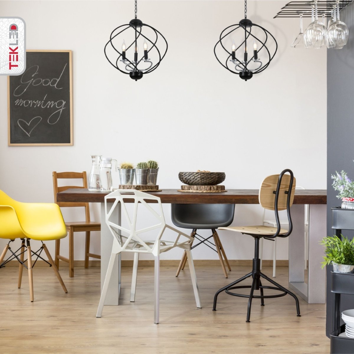 Black Spiral Metal Chrome Arm Chandelier 3Xe14 in indoor setting dining table top