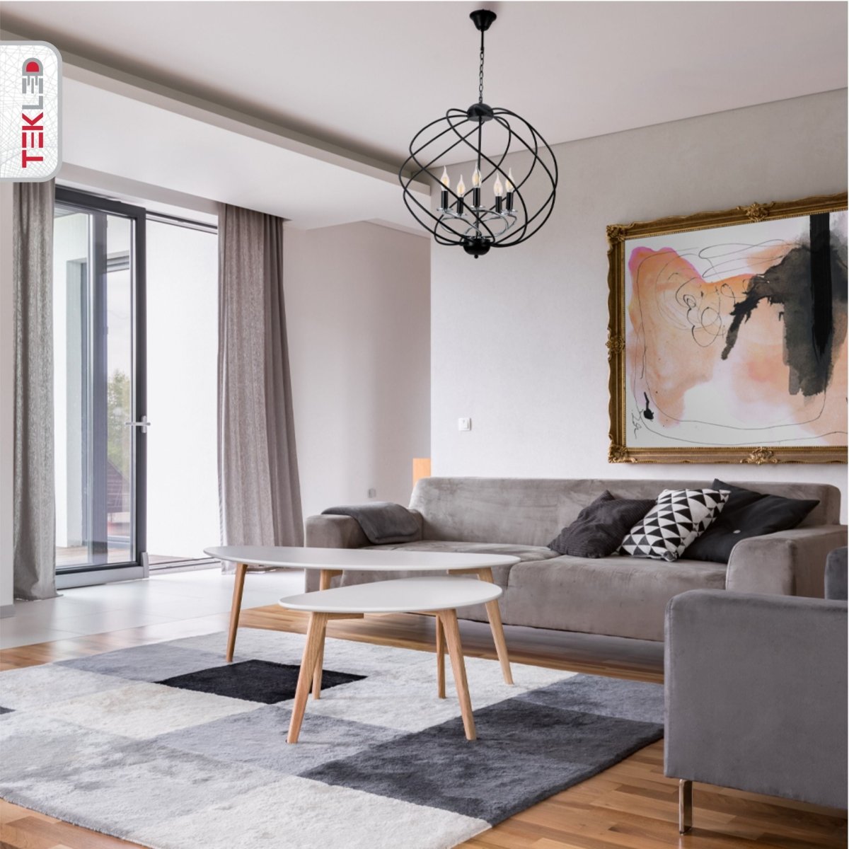 Black Spiral Metal Chrome Arm Chandelier 5Xe14 in indoor setting living room