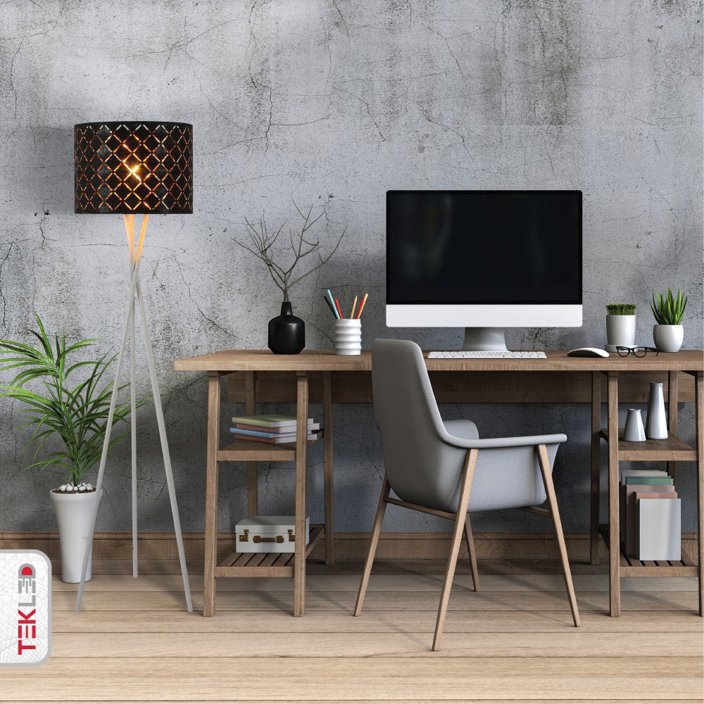 Tripod white drum floor lamp with e27 fitting alternative view as used in a living room