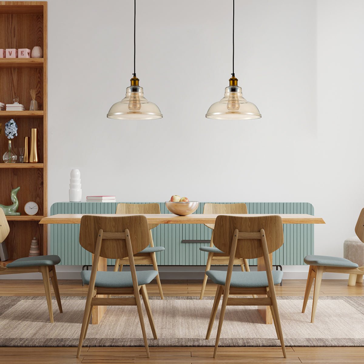 A modern dining room with wooden table and chairs, stylish pendant lights and a feature shelf.