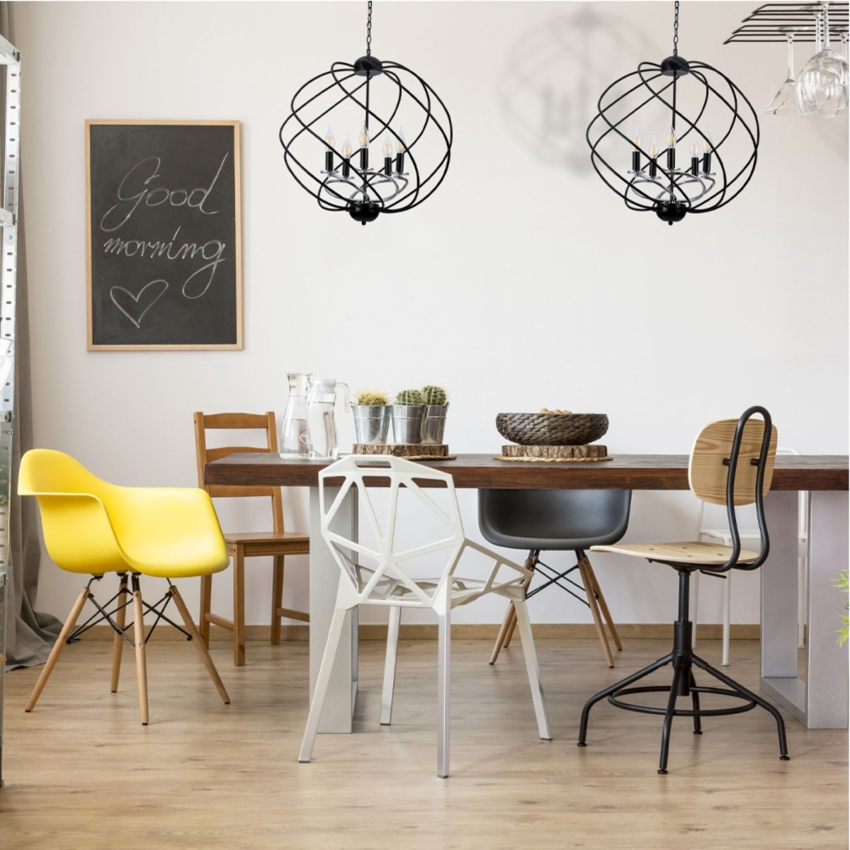 Black Spiral Metal Chrome Arm Chandelier 5Xe14 in indoor setting table top