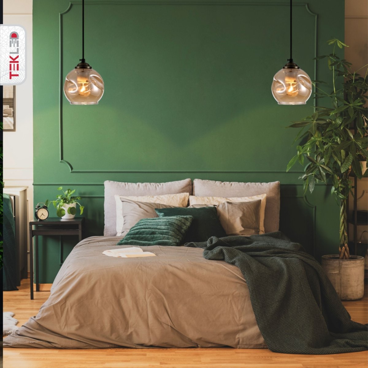 Amber Glass Dome Antique Brass Metal Pendant Light E27 in indoor setting bedroom