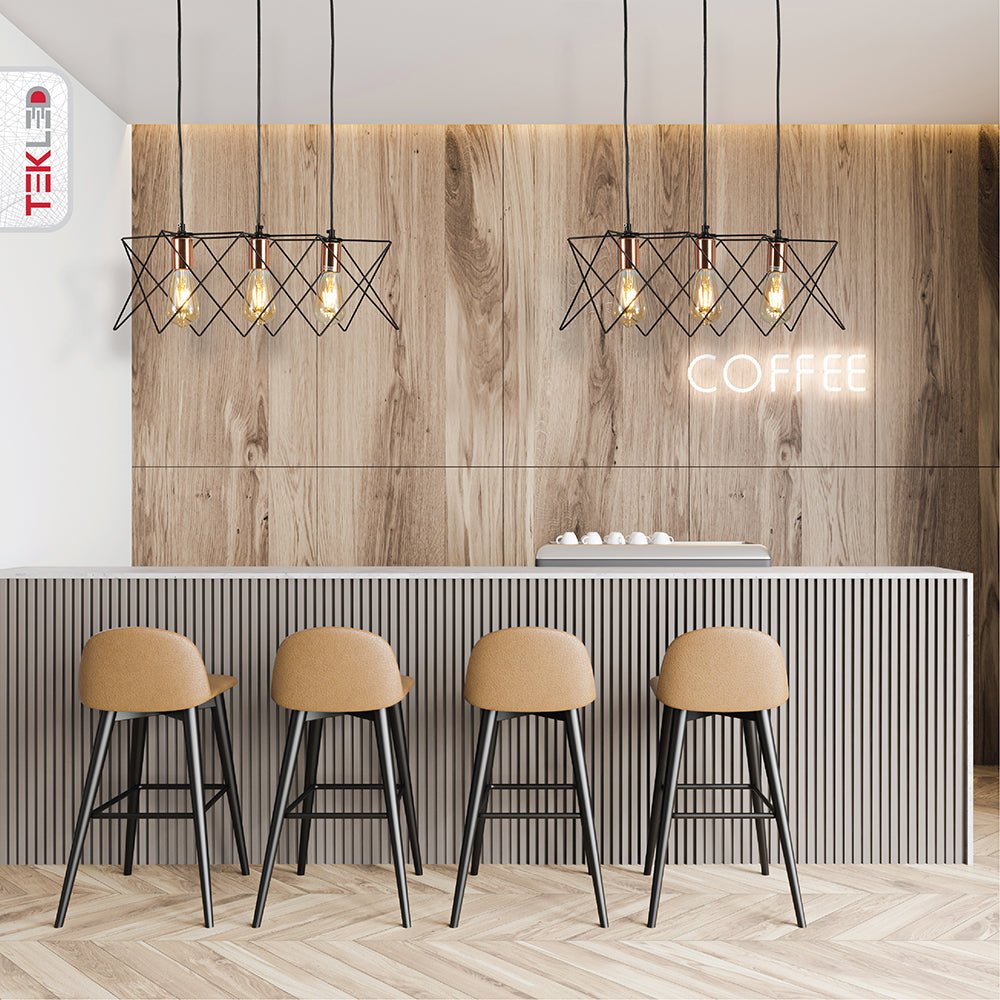 Black metal caged island chandelier with 3xe27 fitting in indoor setting bar island top
