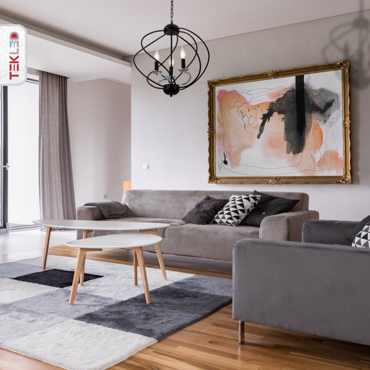 Black Spiral Metal Chrome Arm Chandelier 3Xe14 indoor setting living room