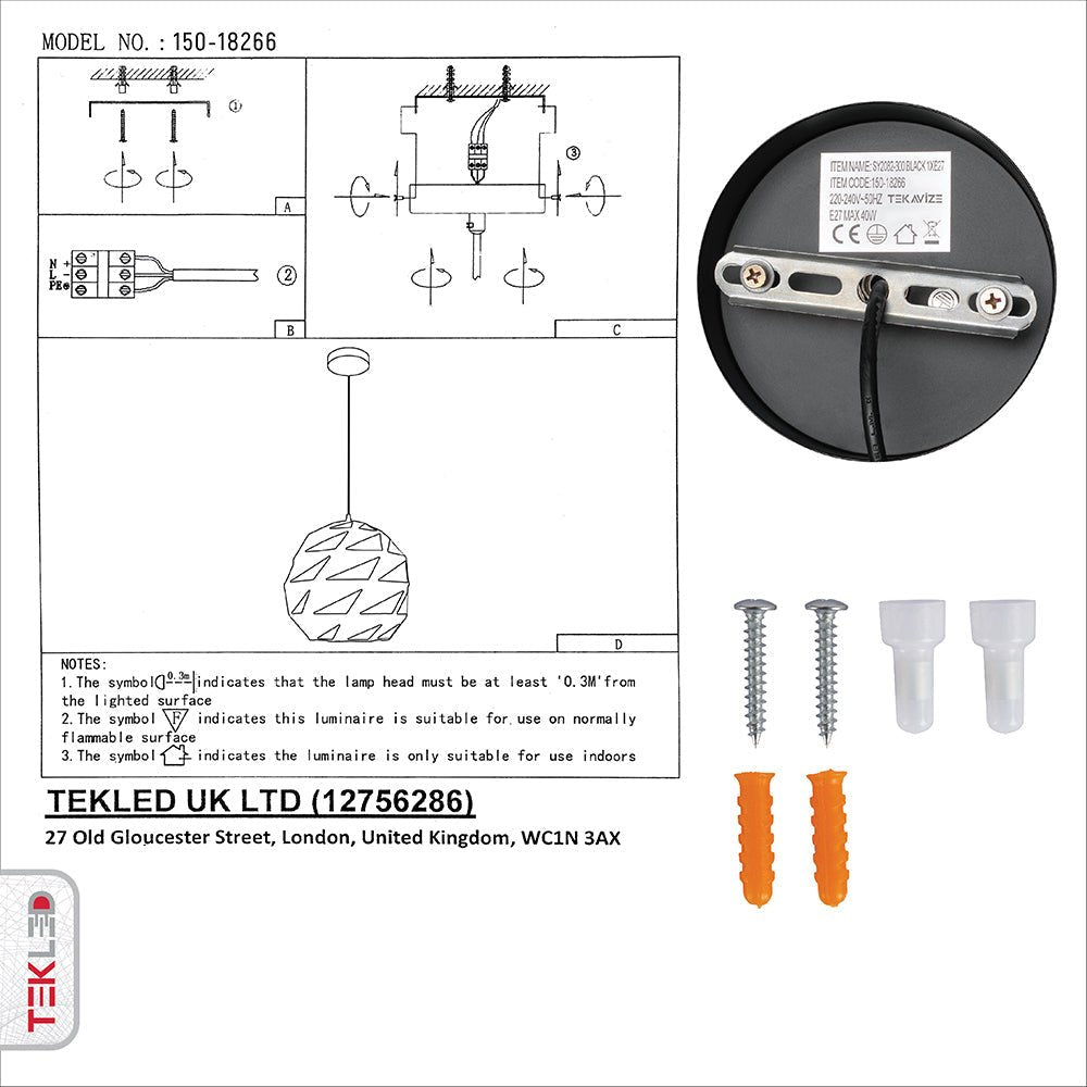 User manual and box content of black-golden metal polyhedral pendant light l with e27 fitting