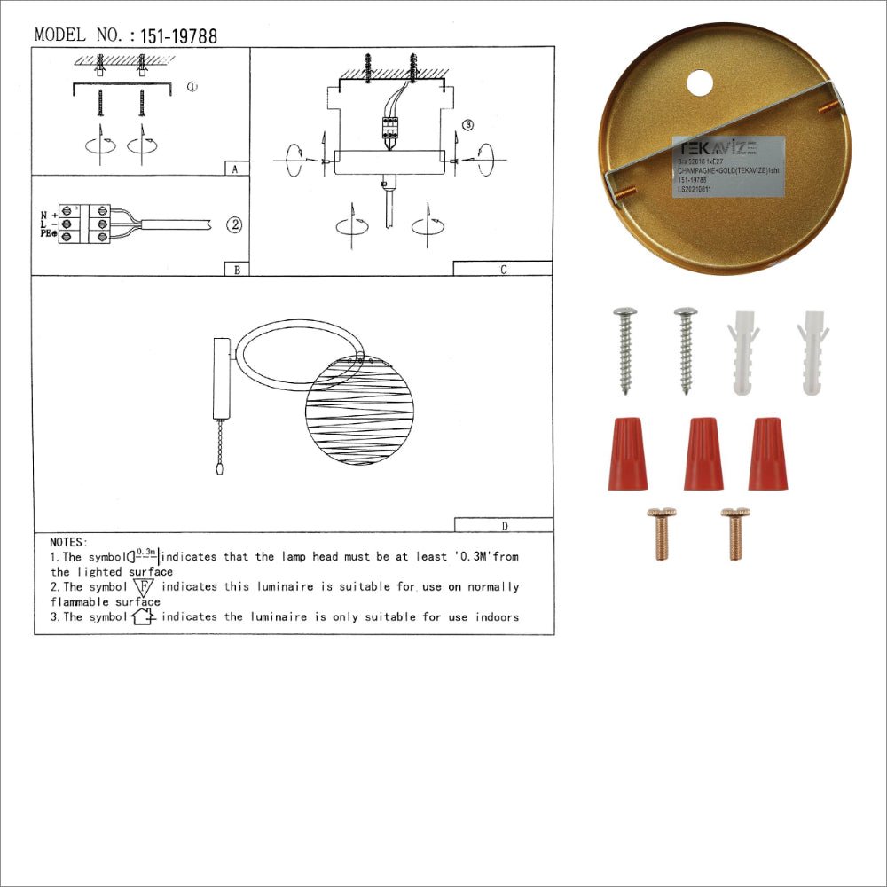 User manual for Amber Globe Glass Gold Metal Ellipse Vintage Retro Wall Light with Pull Down Switch E27 Fitting | TEKLED 151-19788