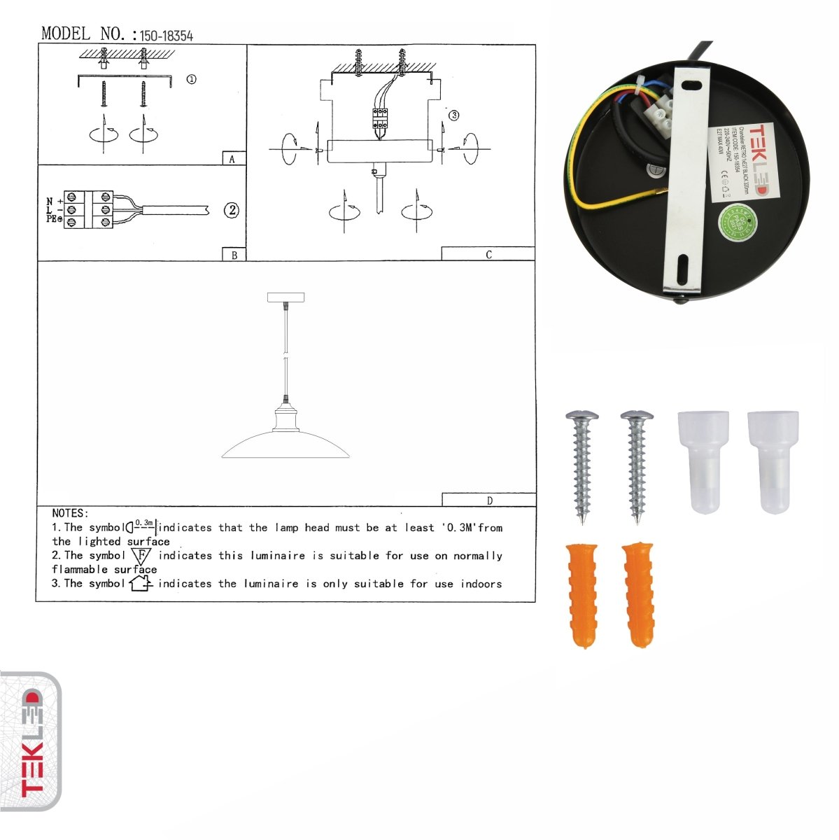 User manual for Black Flat Dome Industrial Metal Ceiling Pendant Light with E27 Fitting | TEKLED 150-18354