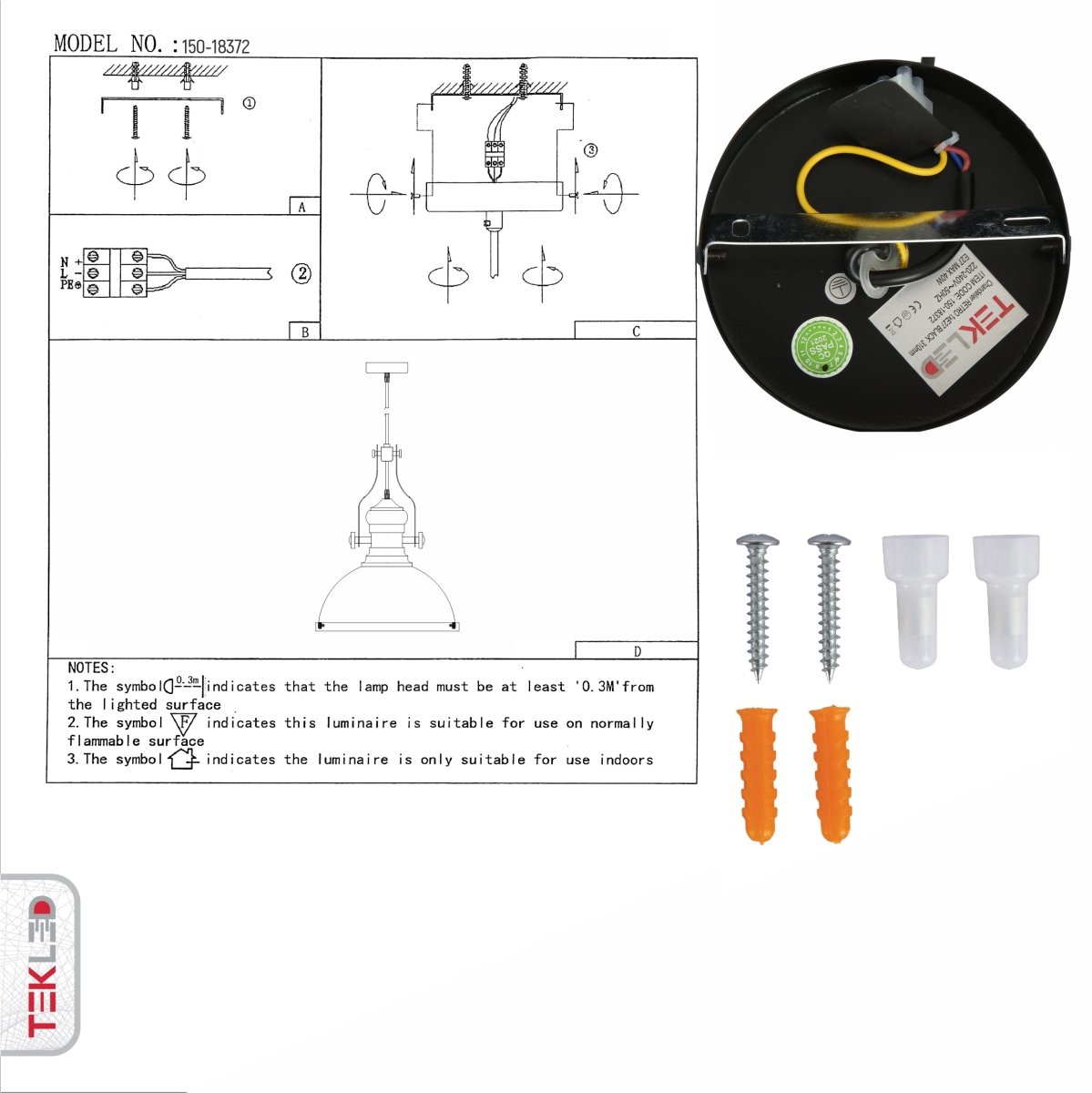 User manual for Black Nautical Industrial Caged Dome Shade Glass Metal Ceiling Pendant Light with E27 Fitting | TEKLED 150-18372