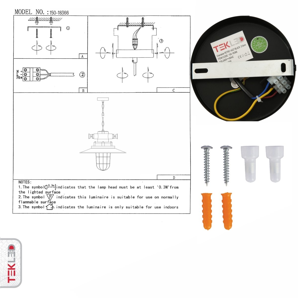 User manual for Black Nautical Industrial Caged Flat Shade Glass Metal Ceiling Pendant Light with E27 Fitting | TEKLED 150-18366