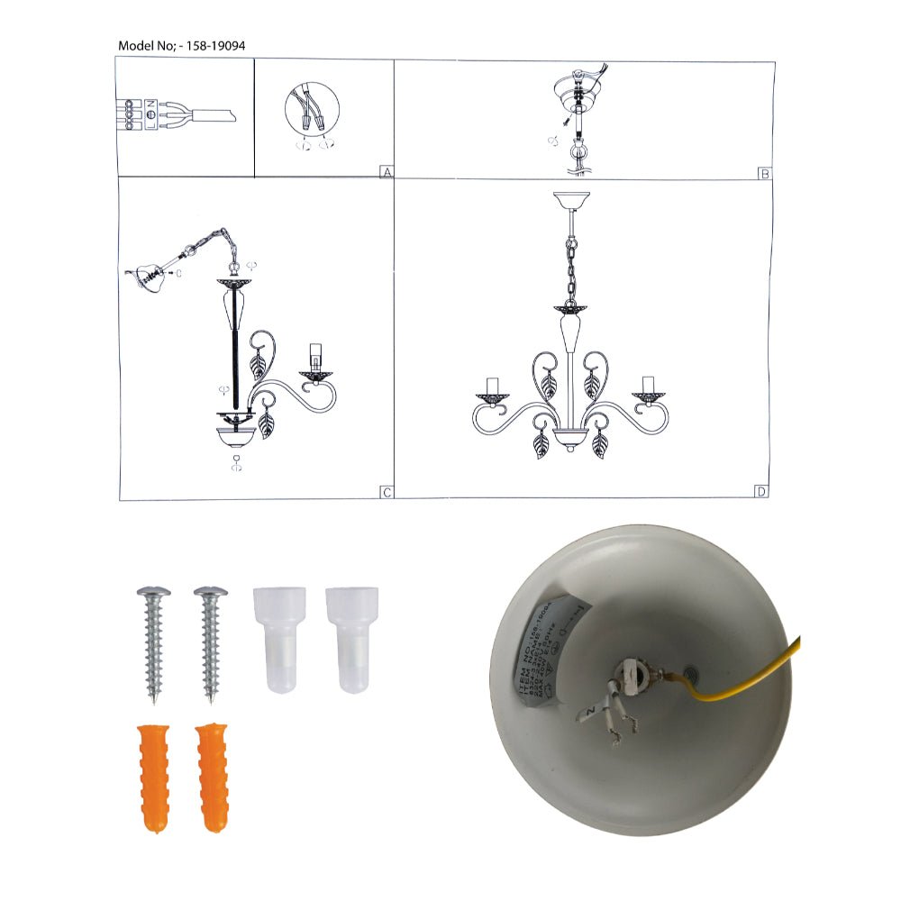 User manual for Candle French Mediterian Leaf Traditional Vintage Gold Patinated White Ceiling Light with 3xE14 Fittings | TEKLED 158-19094