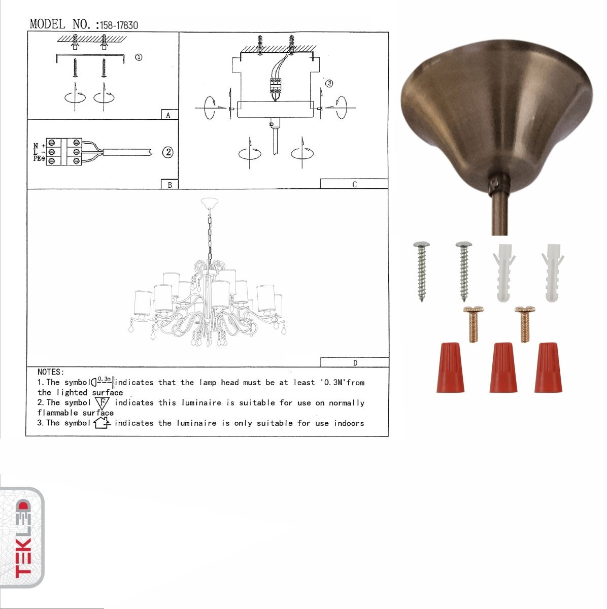 User manual for Cream Shade Antique Brass Metal 12 Arm Chandelier with Pendeloque Crystals 12xE14 | TEKLED 158-17830