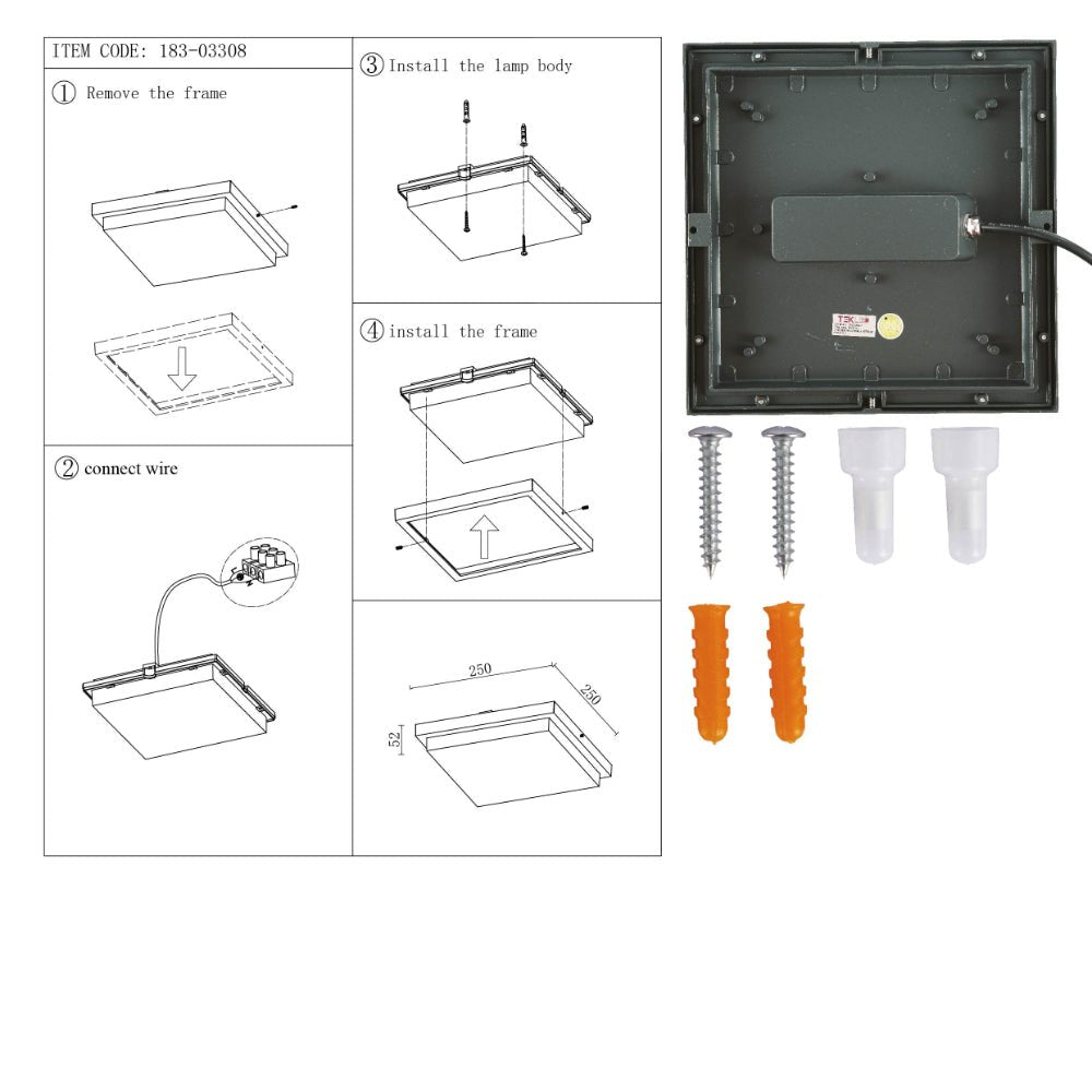 User manual for LED Diecast Aluminium Modern Square Wall Lamp 20W Cool White 4000K IP54 Anthracite Grey 250mm | 183-03308