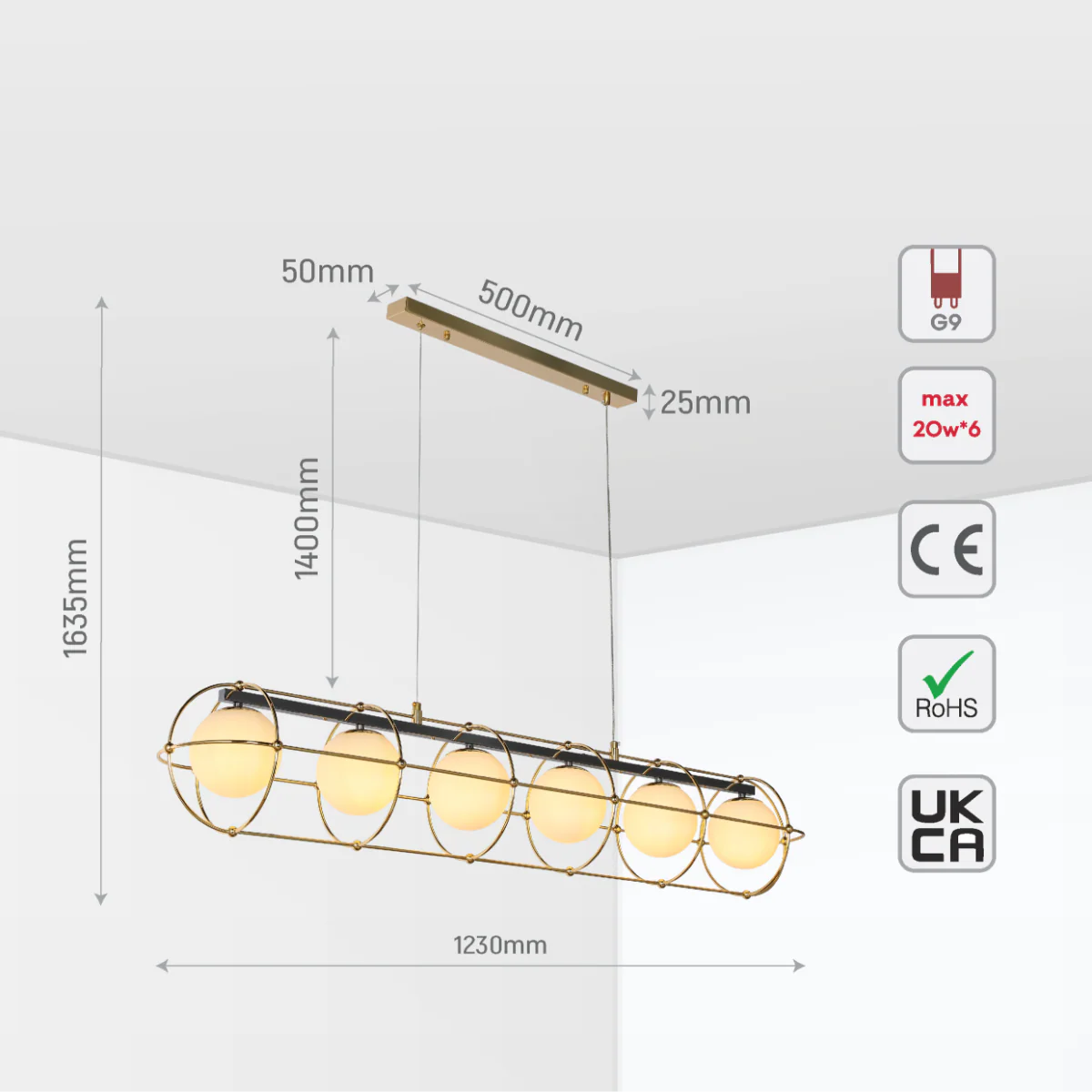 Size and certifications of Vintage-Modern Orb Chandelier with Geometric Gold Detailing G9 150-19036