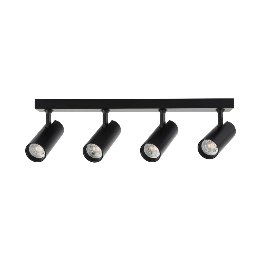 Black four-bulb track lighting, a modern spotlight fixture for domestic and commercial spaces.