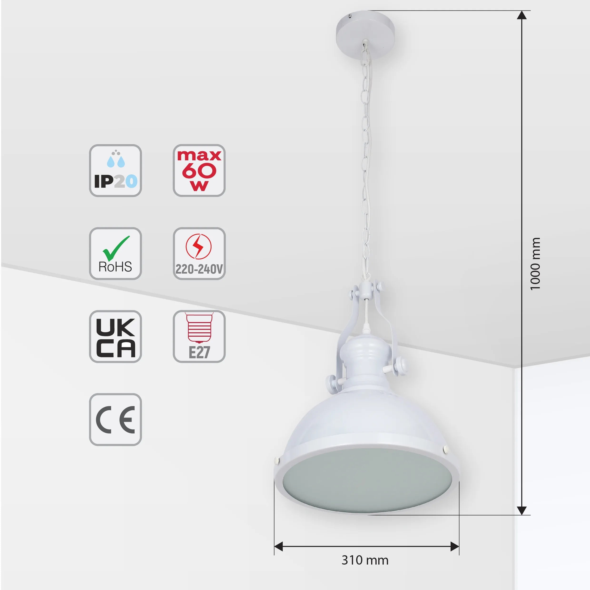 A white pendant light with a chain. It's 1000 mm long and 310 mm wide, with a maximum 60W bulb.