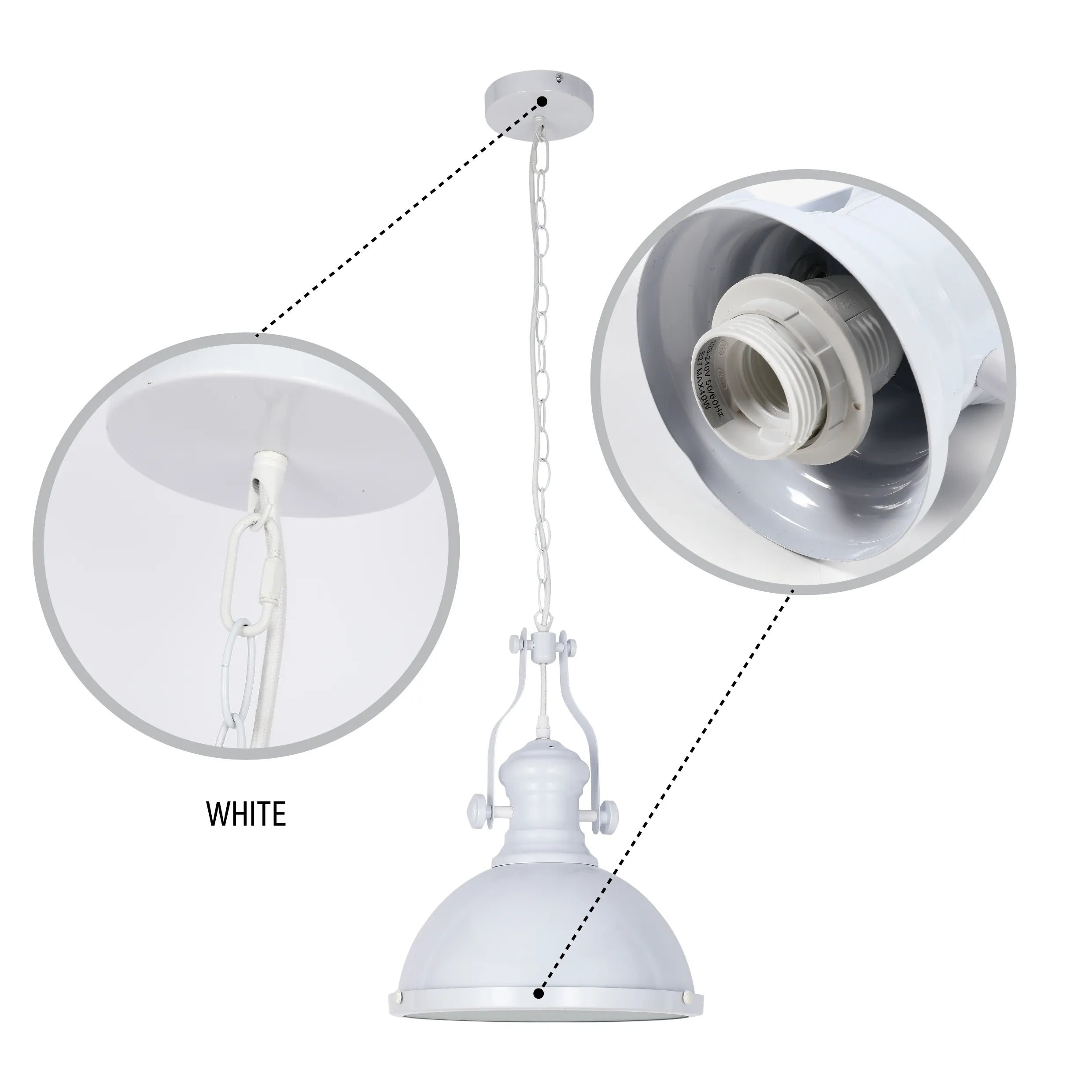A white pendant light fixture. It has a chain and a dome-shaped lampshade.