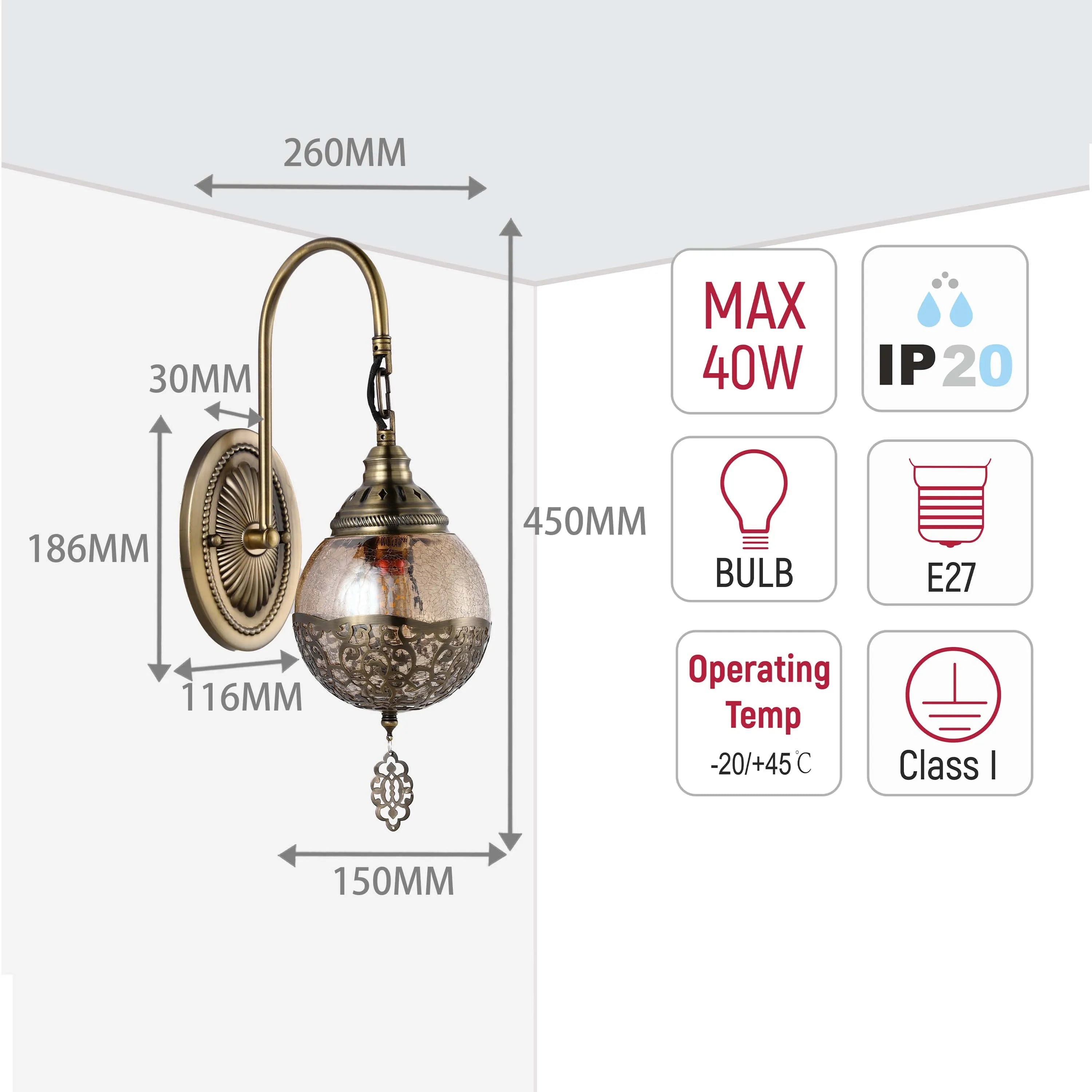 A decorative wall light with a globe shade and bronze-effect arm, displaying technical specifications and measurements.
