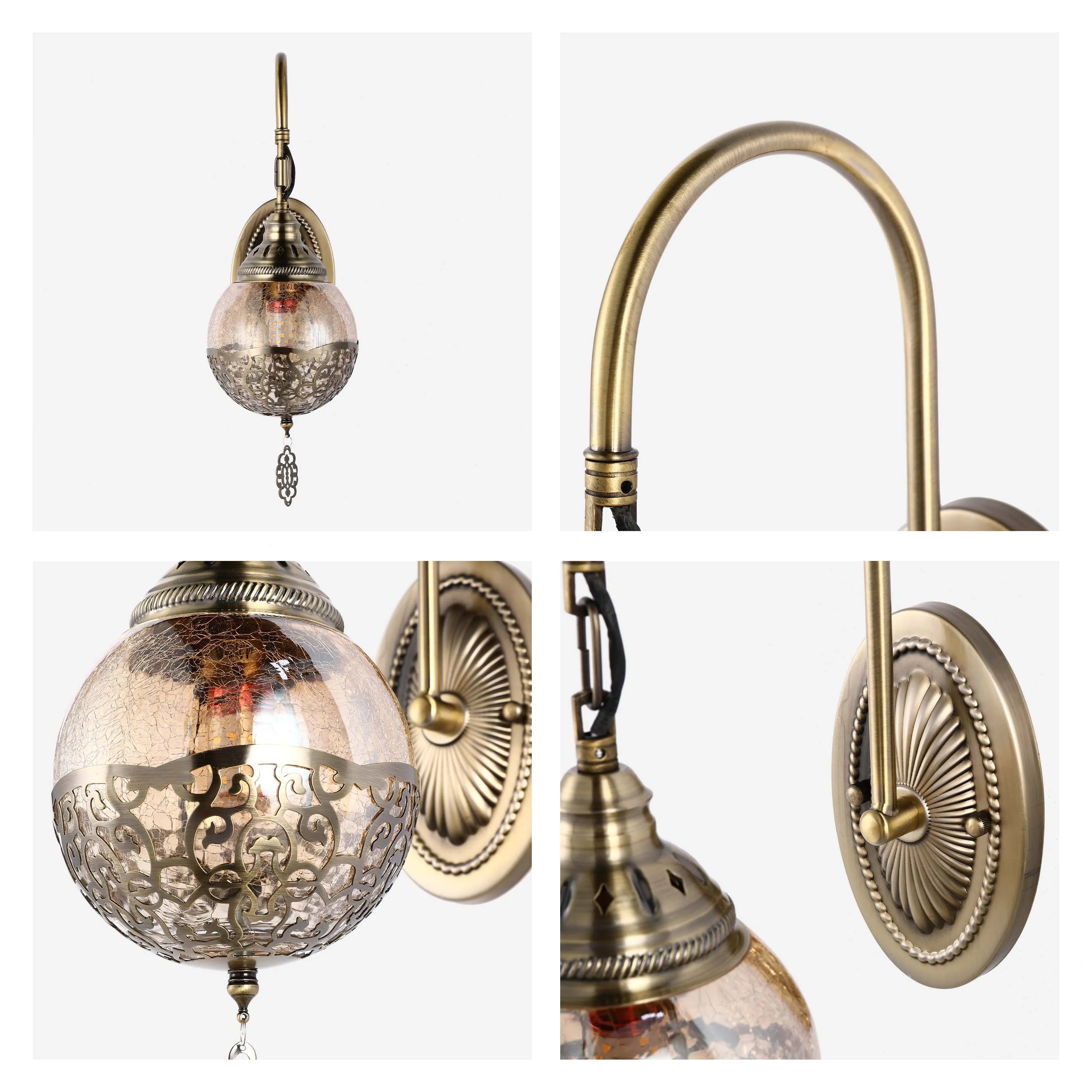 A decorative Turkish style wall light. The fitting is antique brass with a crackle glaze glass shade and hanging crystal detail.