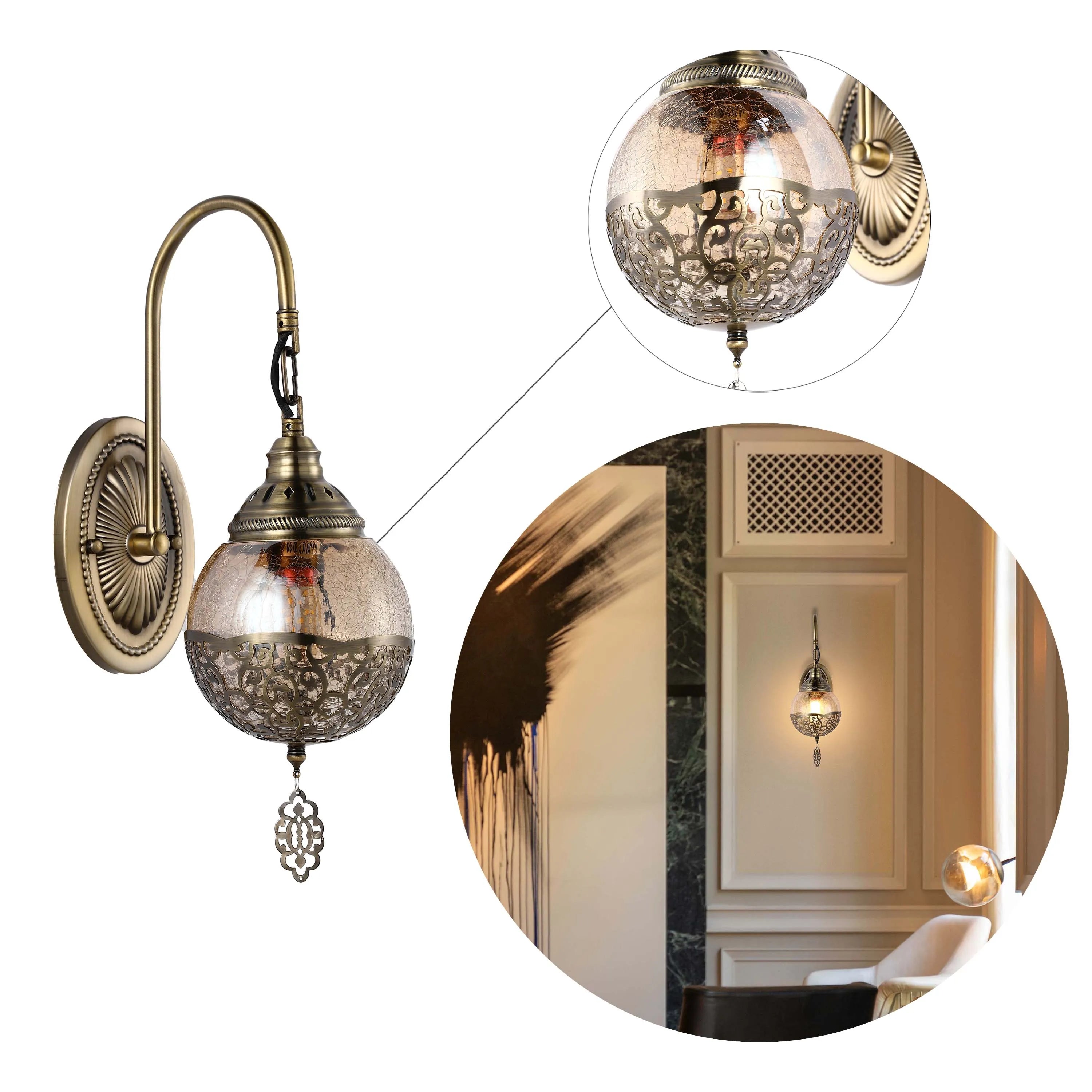 A vintage brass wall light with a decorative crackled glass shade, displayed both as a product shot and in-situ.