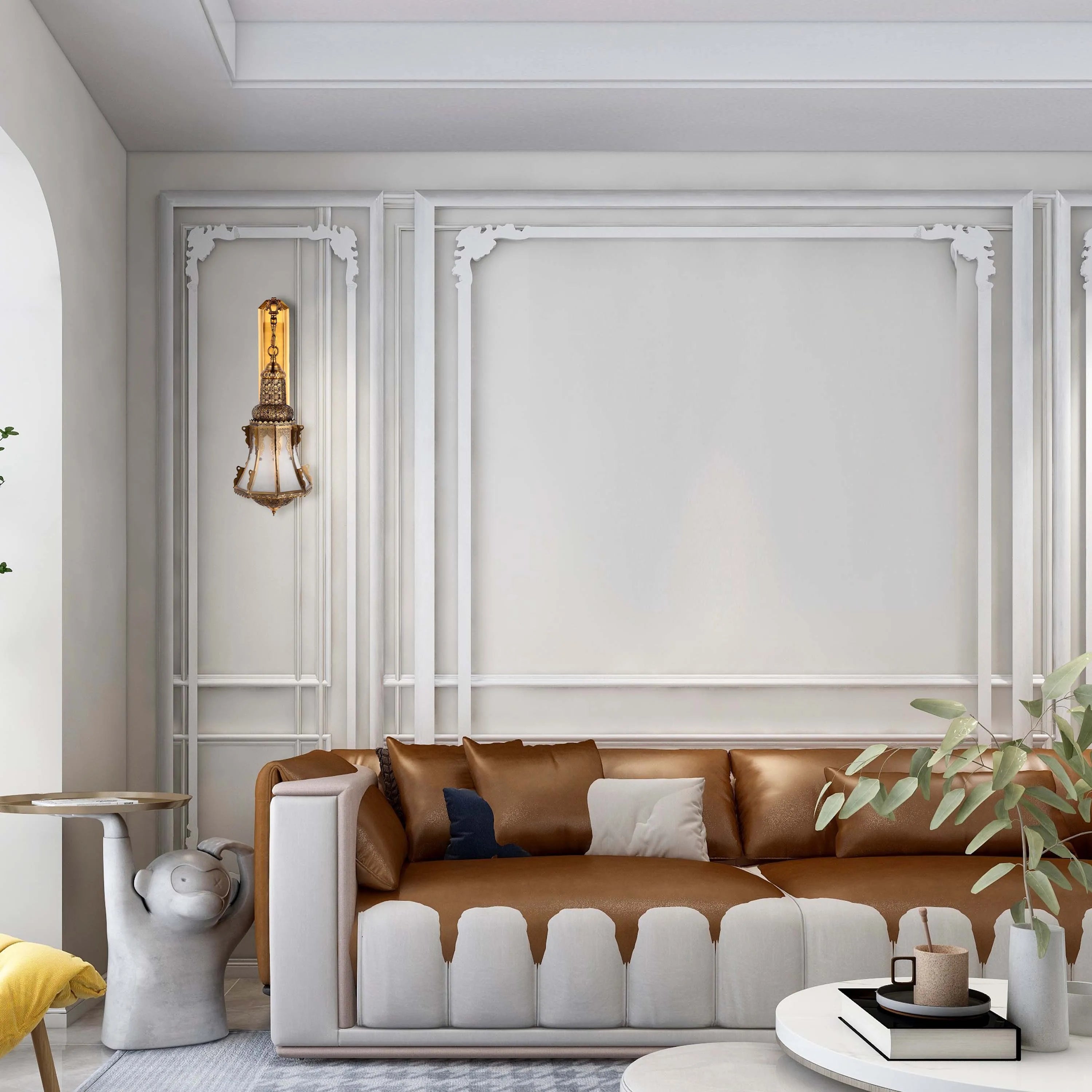 Ornate wall sconce provides warm, ambient lighting. Classic design with intricate details adds a touch of elegance to the room.