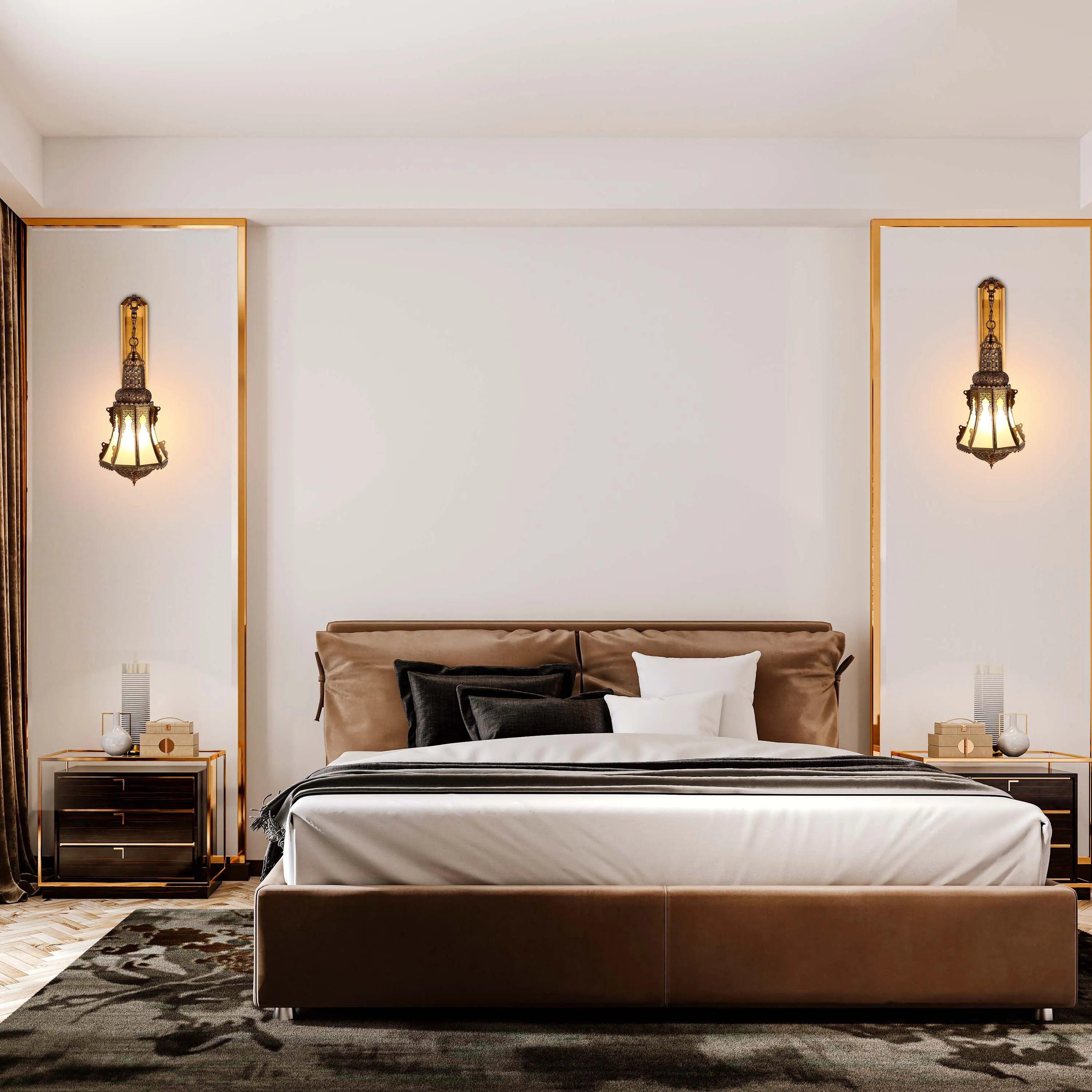 Opulent bedroom featuring two decorative, intricately patterned wall sconces flanking a luxurious bed with a soft, warm glow.
