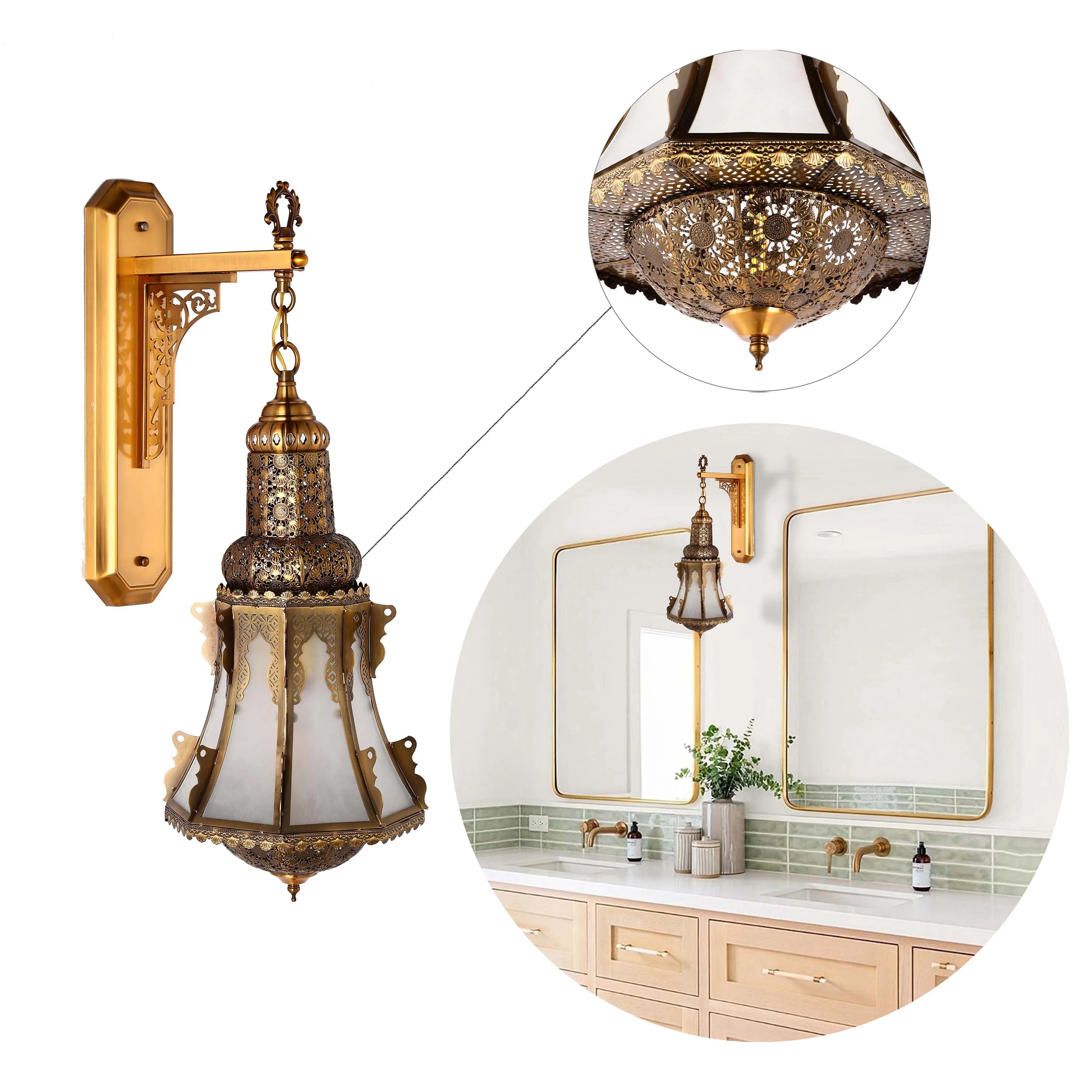 An ornate Moroccan style wall sconce with gold metalwork and frosted glass. A bathroom features the same light next to a mirror.