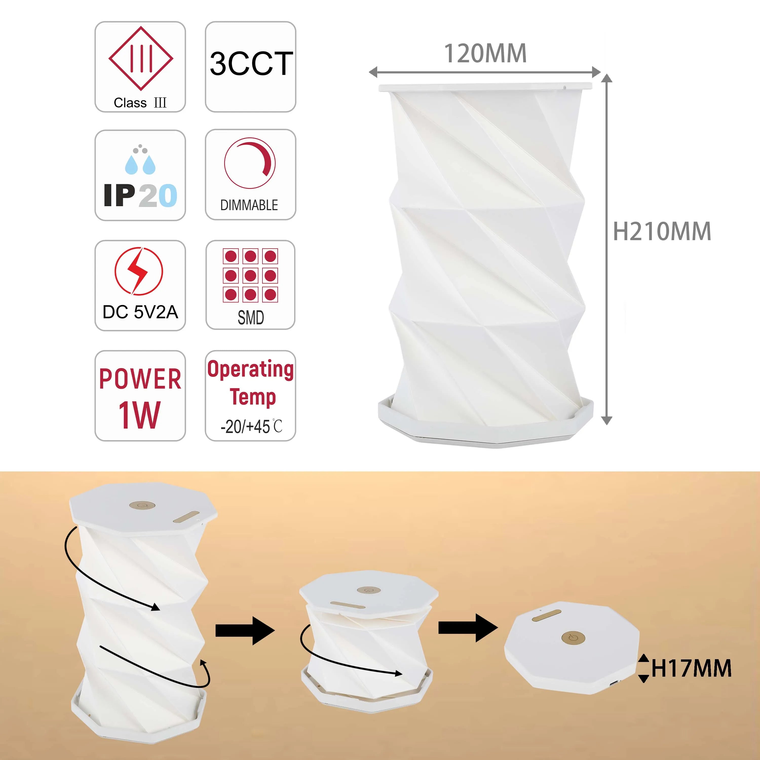 A collapsible LED lamp with 3 colour temperature options, dimmable, and operates at a low temperature, shown with dimensions.