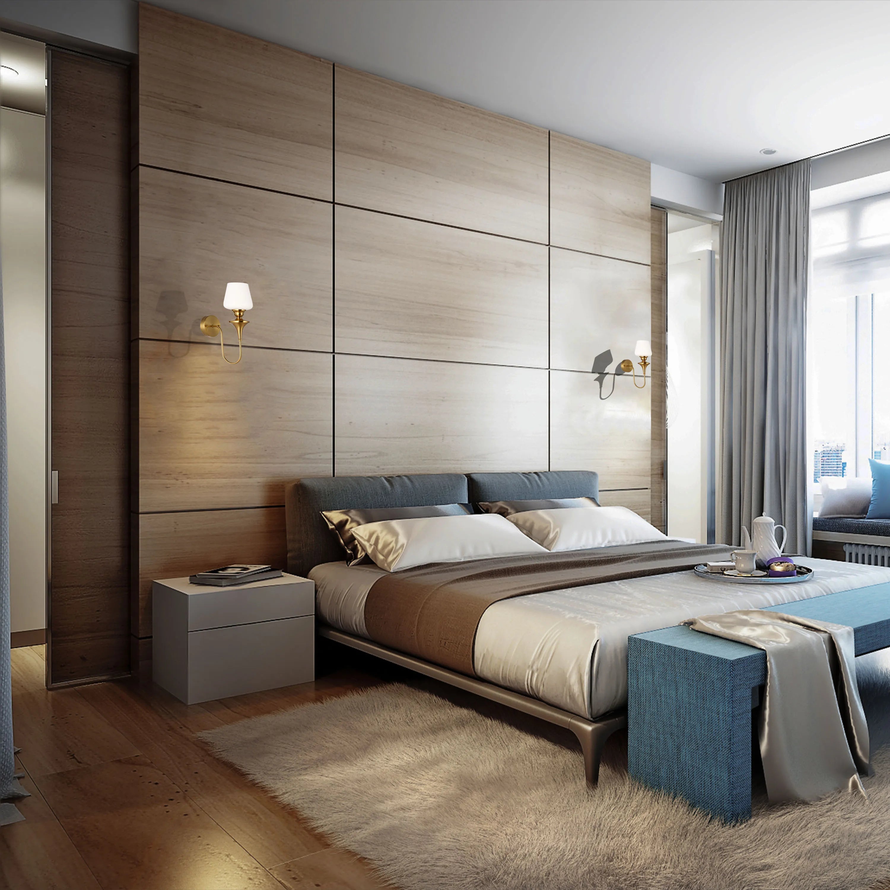 A modern bedroom features wall-mounted sconces that add a warm, ambient glow. Natural light streams in through the window.