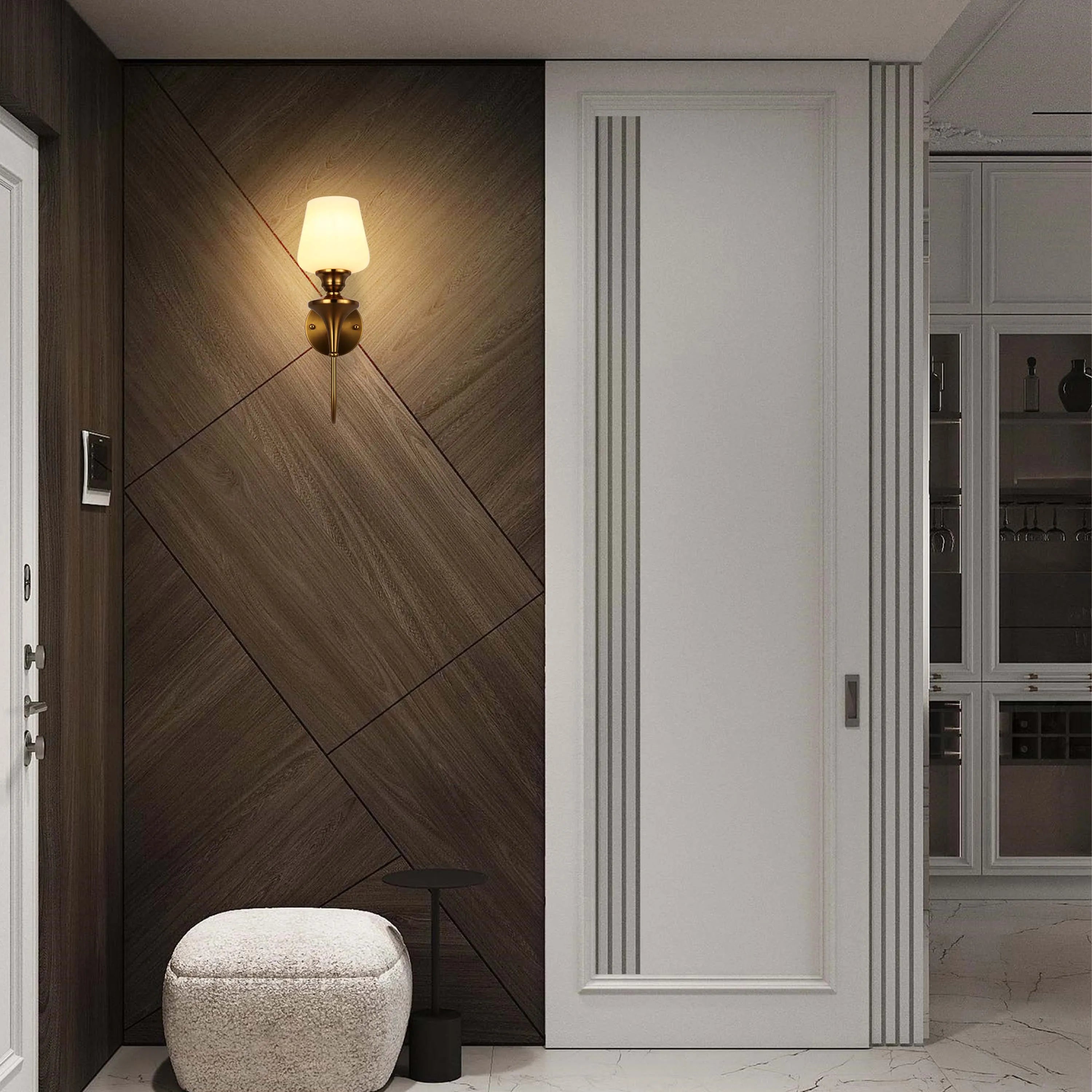 A wall-mounted sconce with a warm, inviting glow complements the wood panelling. Subtle, ambient lighting for a cosy atmosphere.