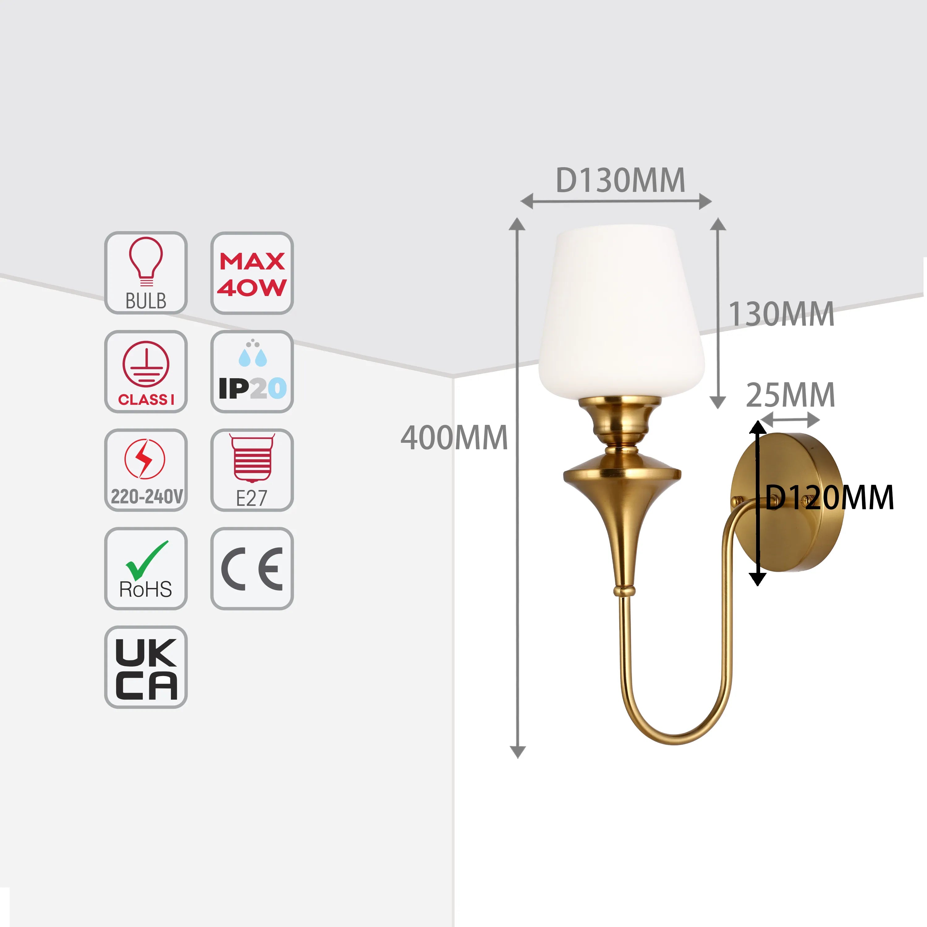 A gold wall light with a white shade and dimensions of 400mm height, 130mm shade diameter and 120mm backplate diameter shown.