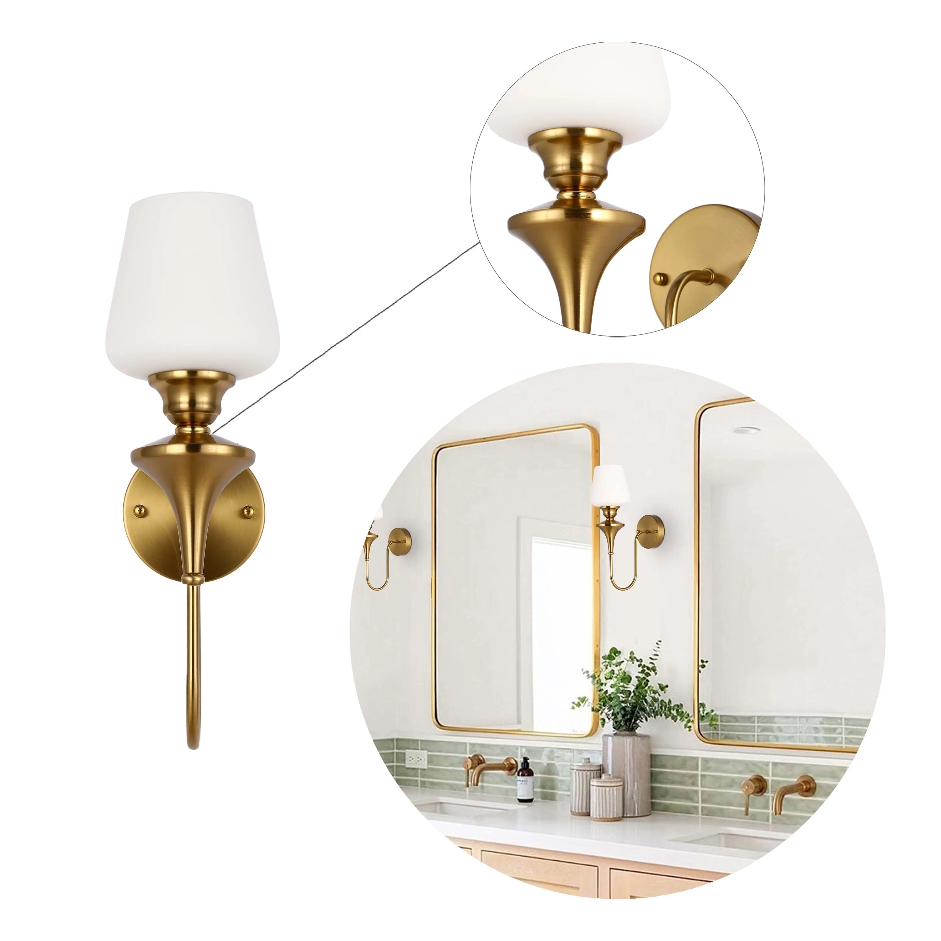 Brass bathroom wall lights with a modern design. The lights feature a white lampshade and sleek gold finish.