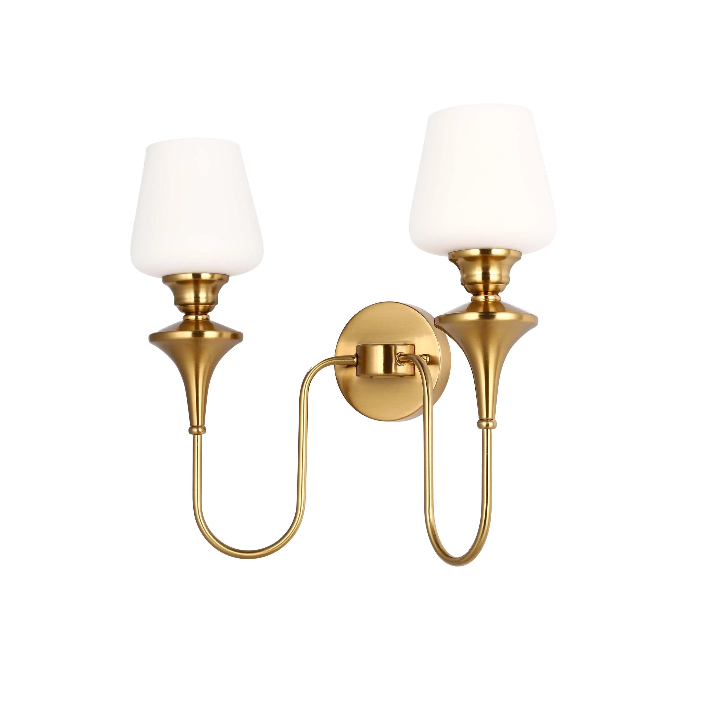 A gold two-light wall sconce with a curved arm and white glass shades