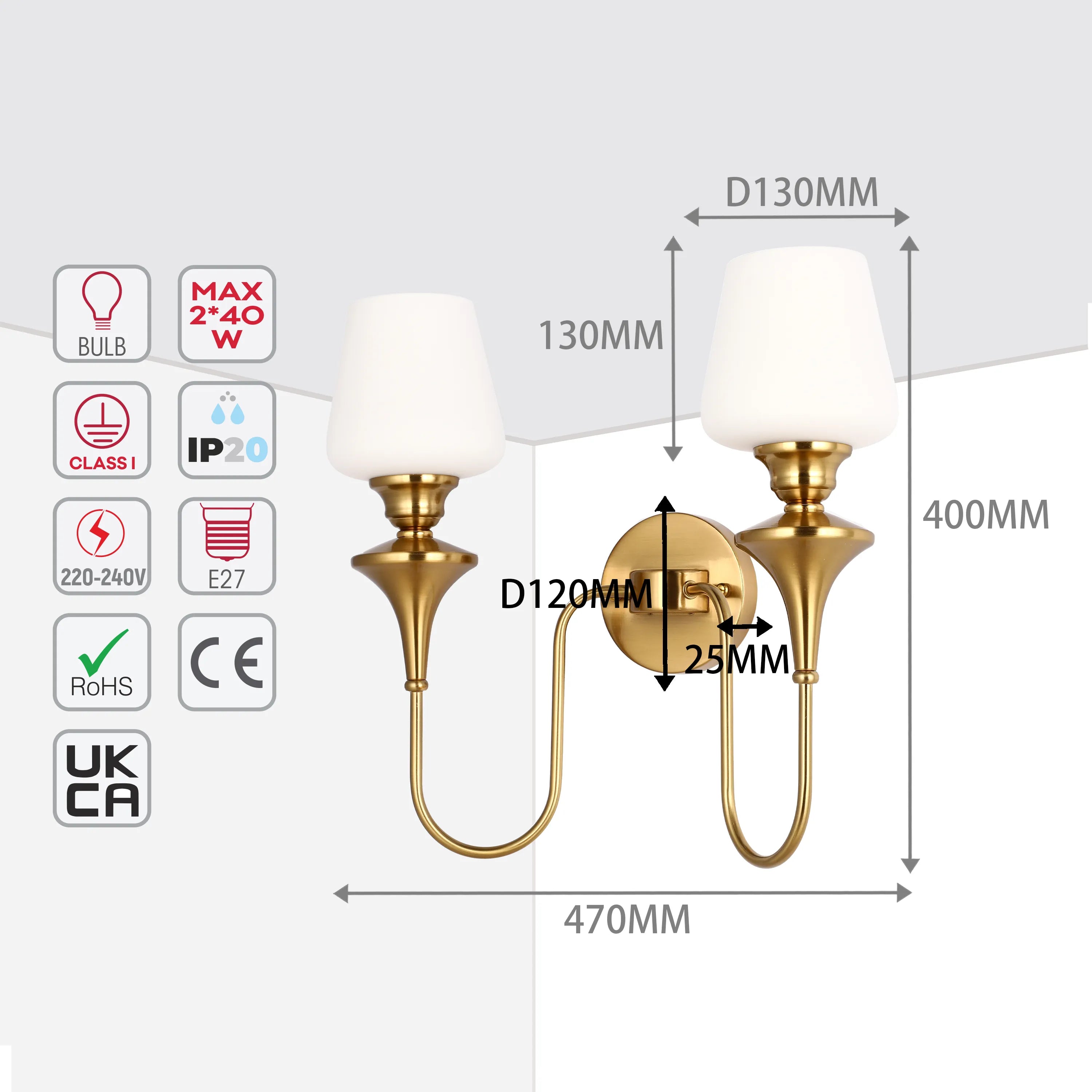 A gold, two-bulb wall light with white shades. The fitting is labelled with dimensions for home improvement planning.
