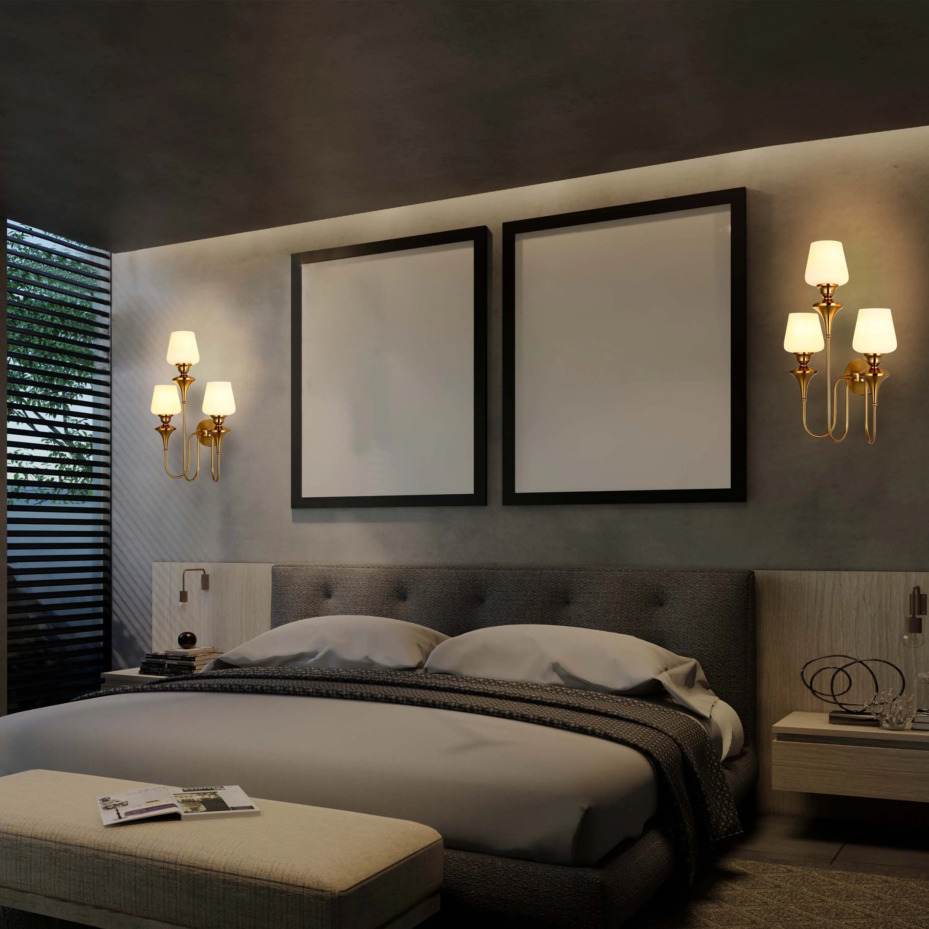 Bedroom with warm lighting; two wall sconces featuring three lights each, bedside lamps on each side of the bed, and muted overhead lighting.